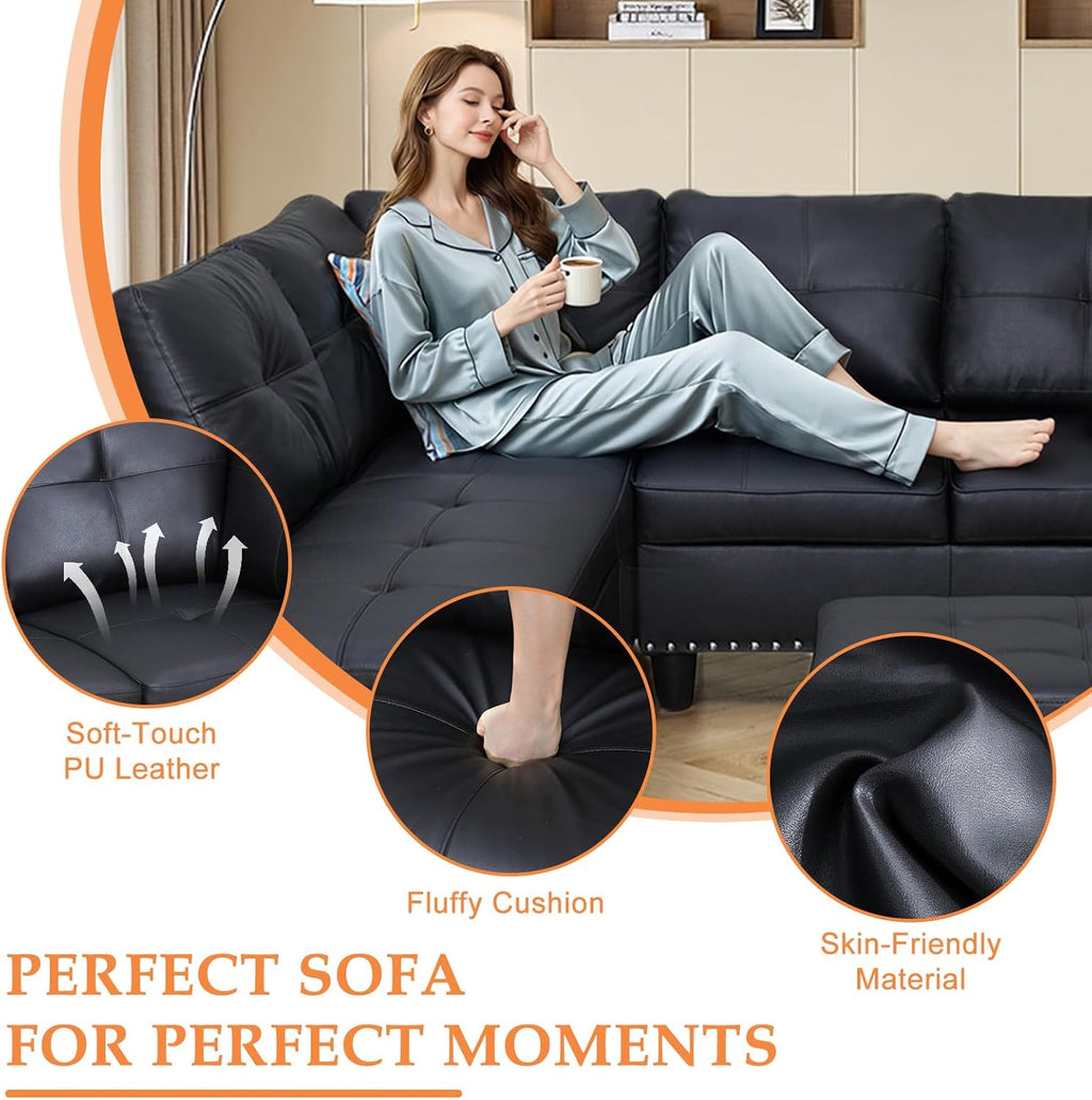 Sectional Sofa Couch, Modern 4-Seaters Living Room Furniture Sets with Chaise Lounge, Ottoman & 2 Pillows | L Shape Couch | Cup Holder | Faux PU Leather, Black