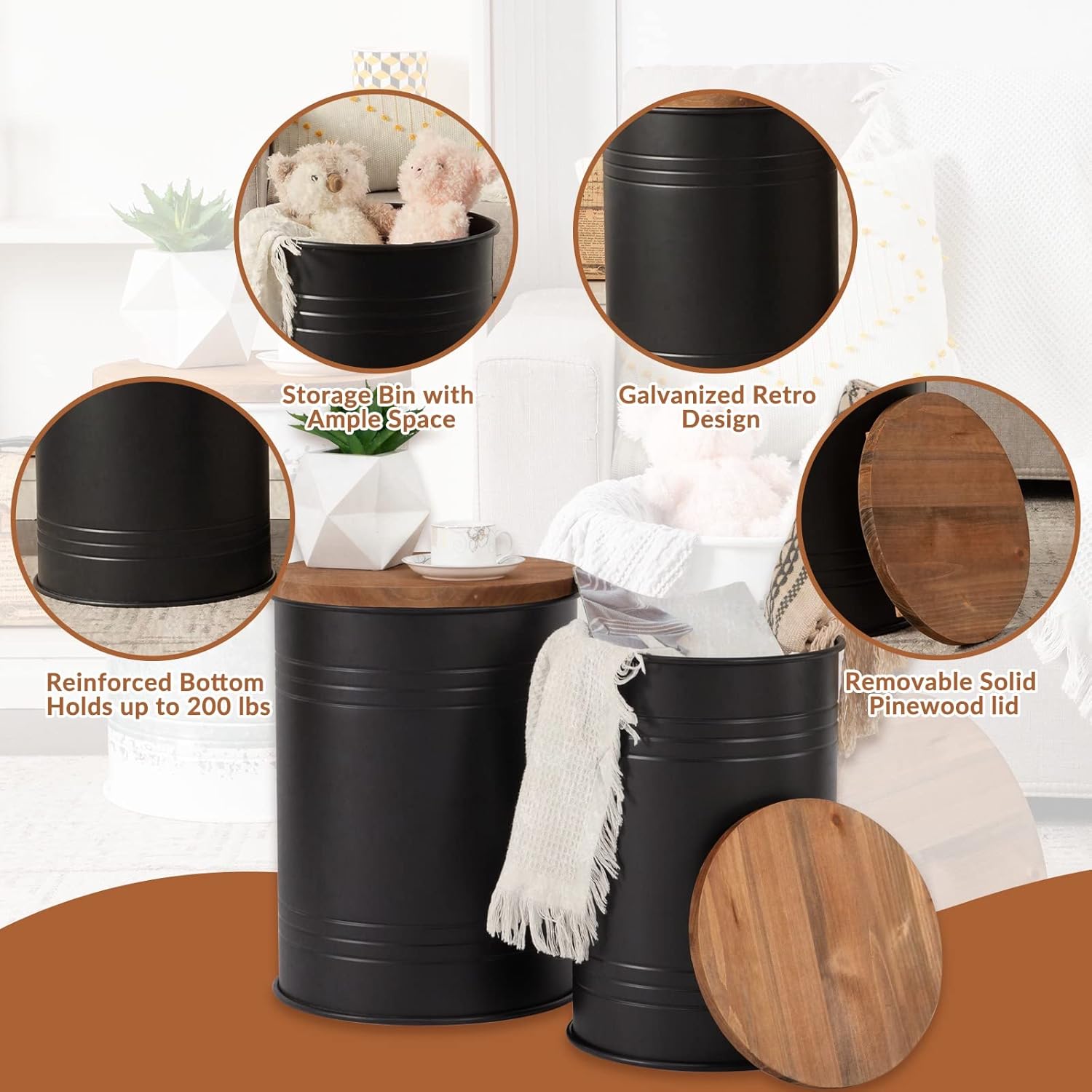 Poofzy Farmhouse End Tables Set of 2, Galvanized Metal Decor Side Table with Wood Lid, Coffee Table Storage Stool for Living Room (Black)