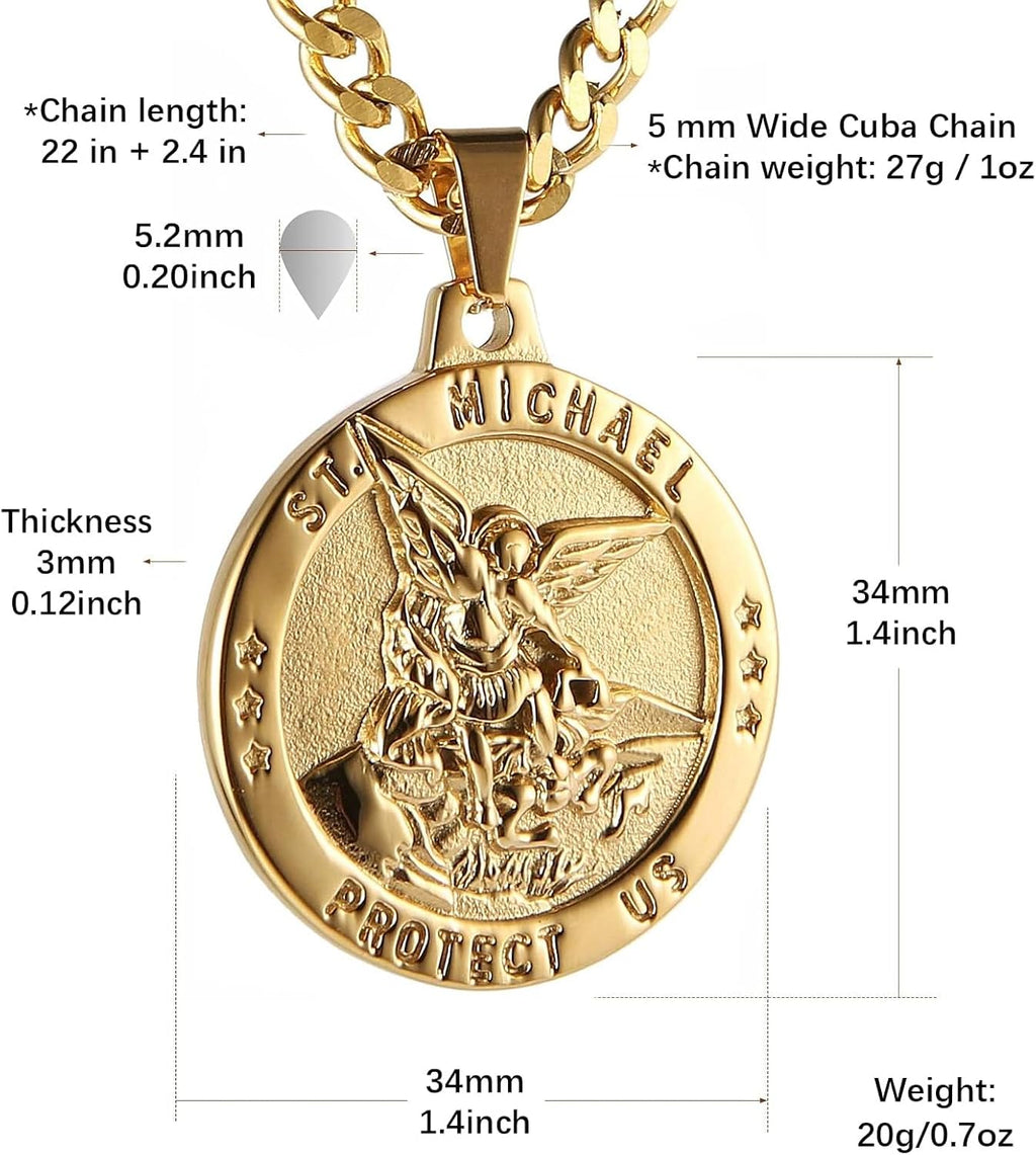 HZMAN St Michael The Archangel Catholic Medal Stainless Steel Amulet Pendant Necklace 22+2" Rolo Curb Chain