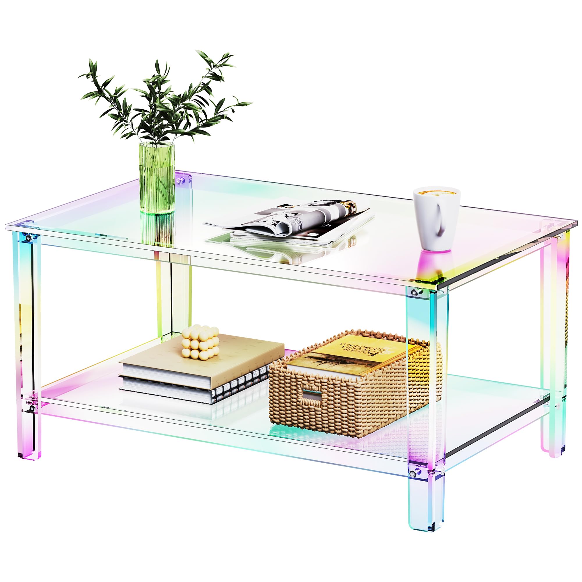 Acrylic Coffee Table with Storage Shelf,Rectangle Living Room 2-Tier Center Table for Small Spaces (Rectangle, Pink, Nomal)