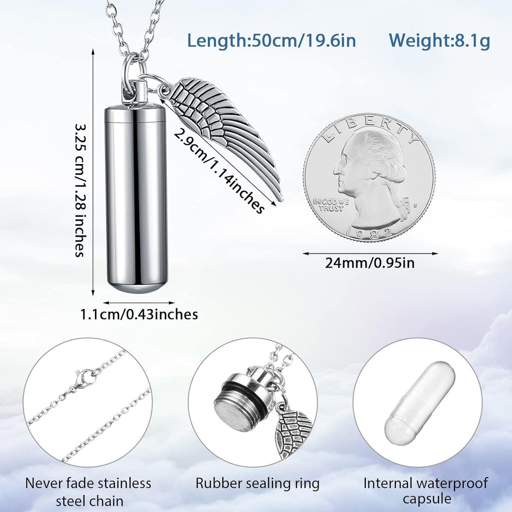 Kigeli 10 Pcs Cylinder Cremation Urn Necklace with Angel Wing Stainless Steel Memorial Keepsake Pendant Cremation Necklaces for Ashes for Women Men Urn Jewelry Sets Keepsake Necklace with Filling Kit