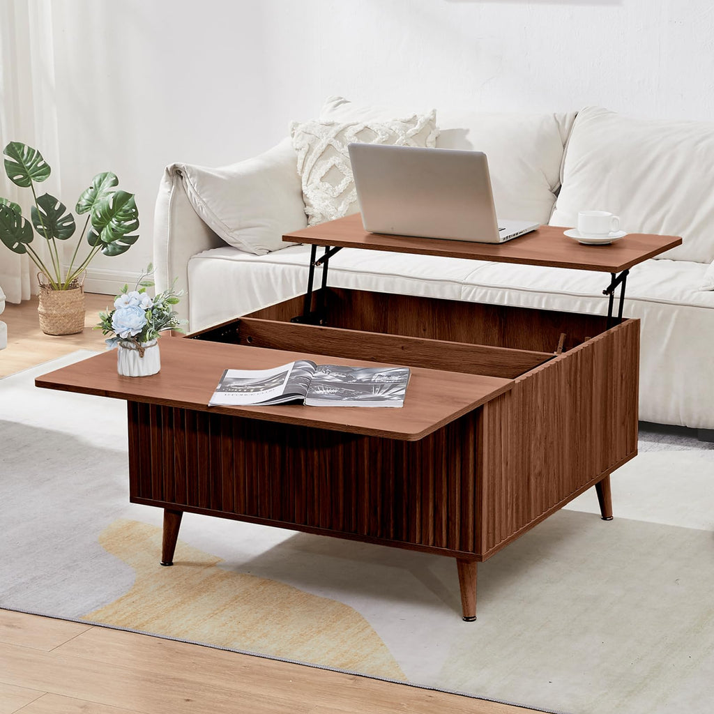 Square Coffee Table for Living Room, 35” Lift Top Coffee Table with Storage, Fluted Coffee Tables with Lifting Top, Mid Century Modern Center Tea Table for Home Office, Studio, Natural Oak
