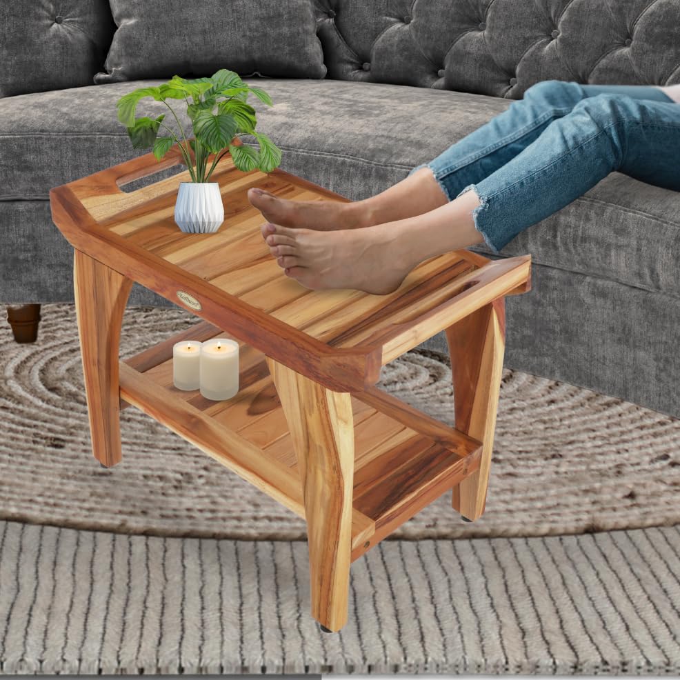 EcoDecors 24 Inch Tranquility Natural Color Waterproof Teak Wood Shower Bench Stool Seat Chair For Inside Shower Storage Shelf Provides Safety, Storage, and Organization For Bathroom Accessories