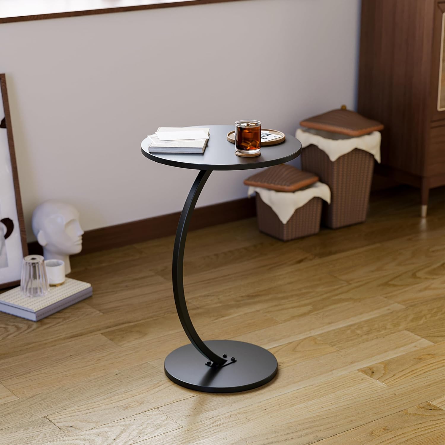 C-Shaped End Table 25 inches High, Small Side Table Coffee Table for Couch and Bed, Sofa Table for Living Room, Bedroom, Bedside, Black