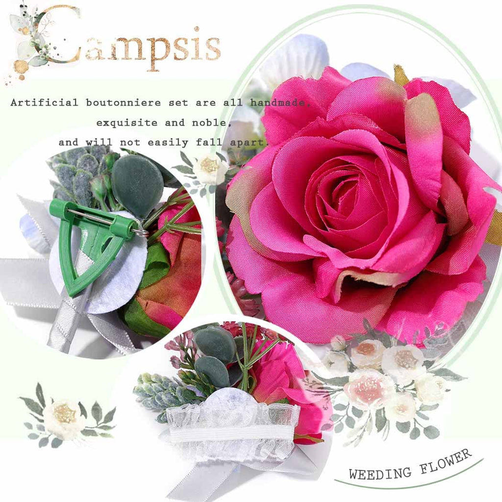 Campsis Wedding Corsage Boutonniere Set Pink Rose Flower Wrist Bride Buttonholes Flower Decor Bride Girls Lady Accessories for Prom and Dinner Party(2pcs)