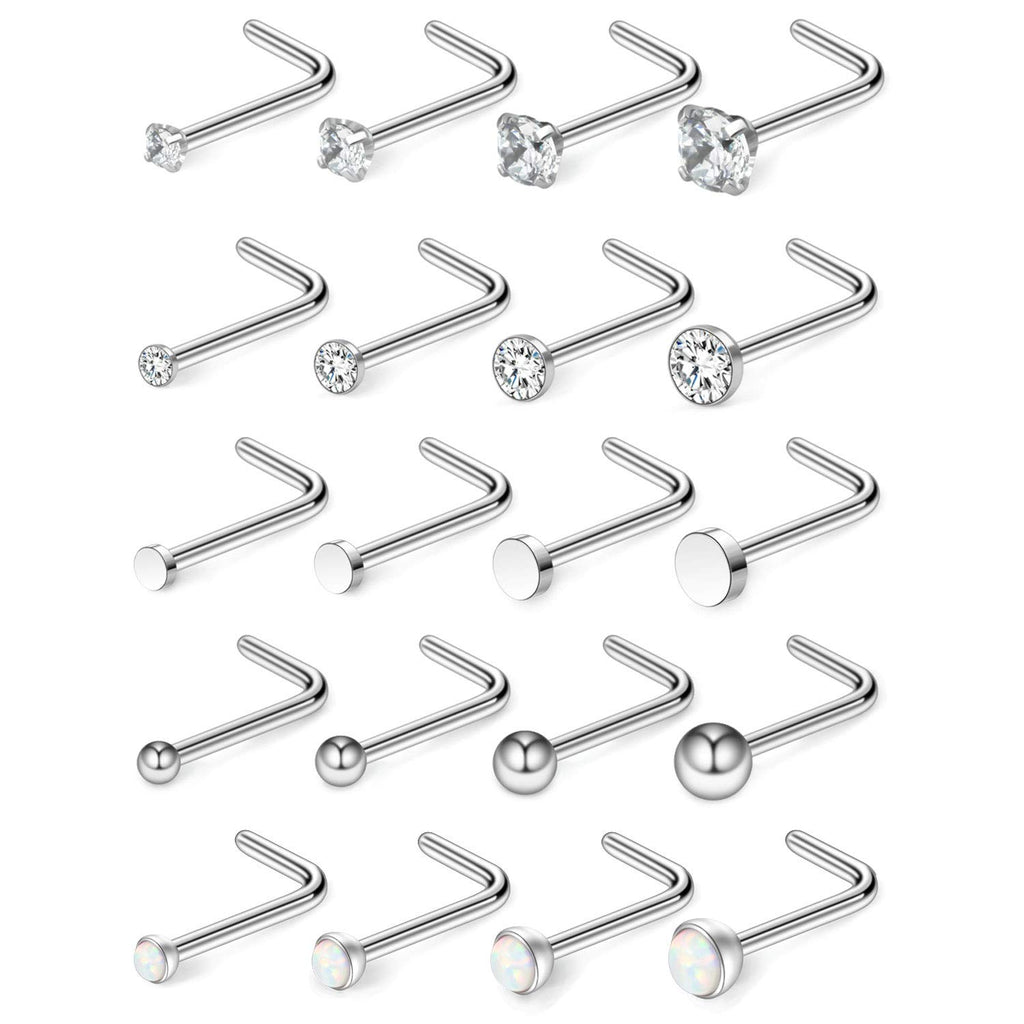 Ruifan 20G 1.5mm 2mm 2.5mm 3mm 3.5mm 4mm Opal Clear Diamond CZ Nose L Shaped Studs Rings Piercing Jewelry 4-20PCS