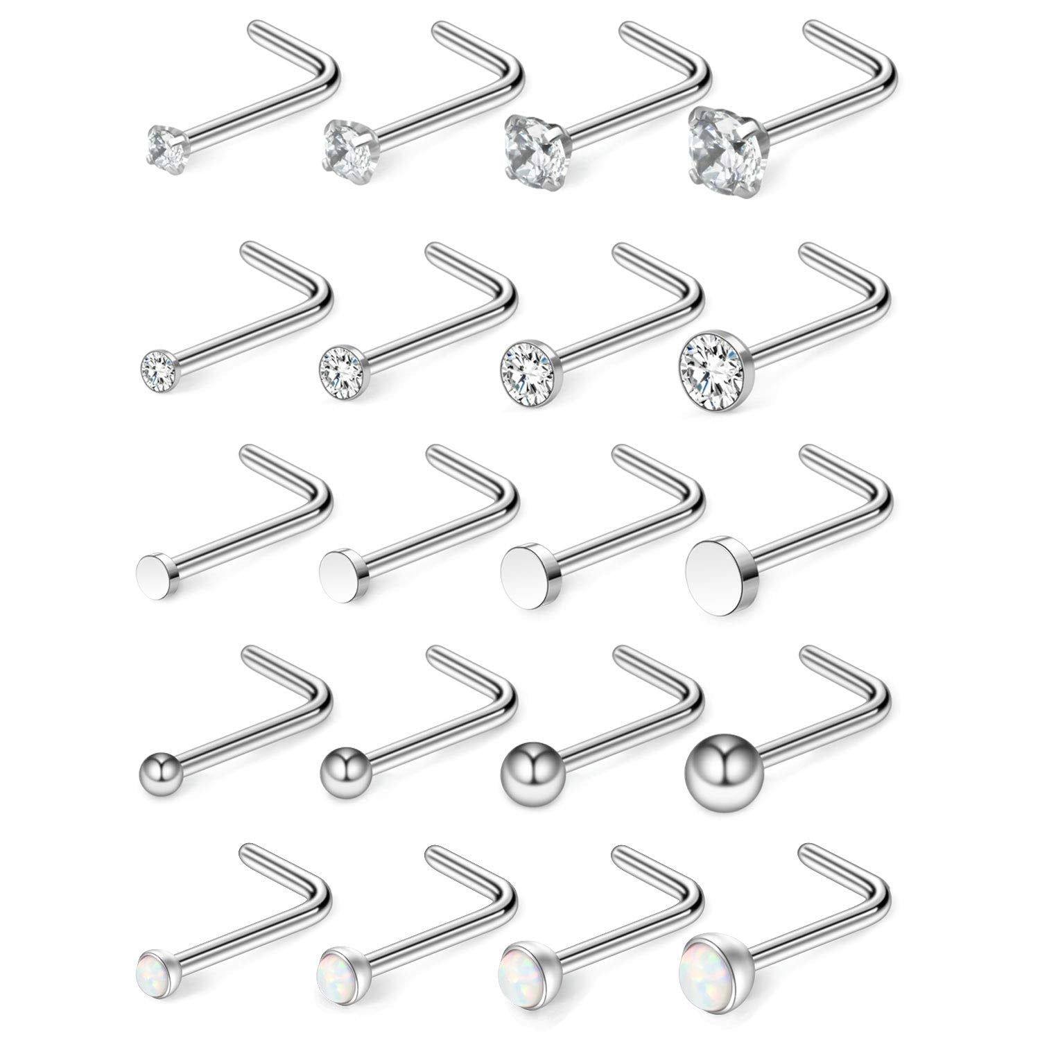 Ruifan 20G 1.5mm 2mm 2.5mm 3mm 3.5mm 4mm Opal Clear Diamond CZ Nose L Shaped Studs Rings Piercing Jewelry 4-20PCS