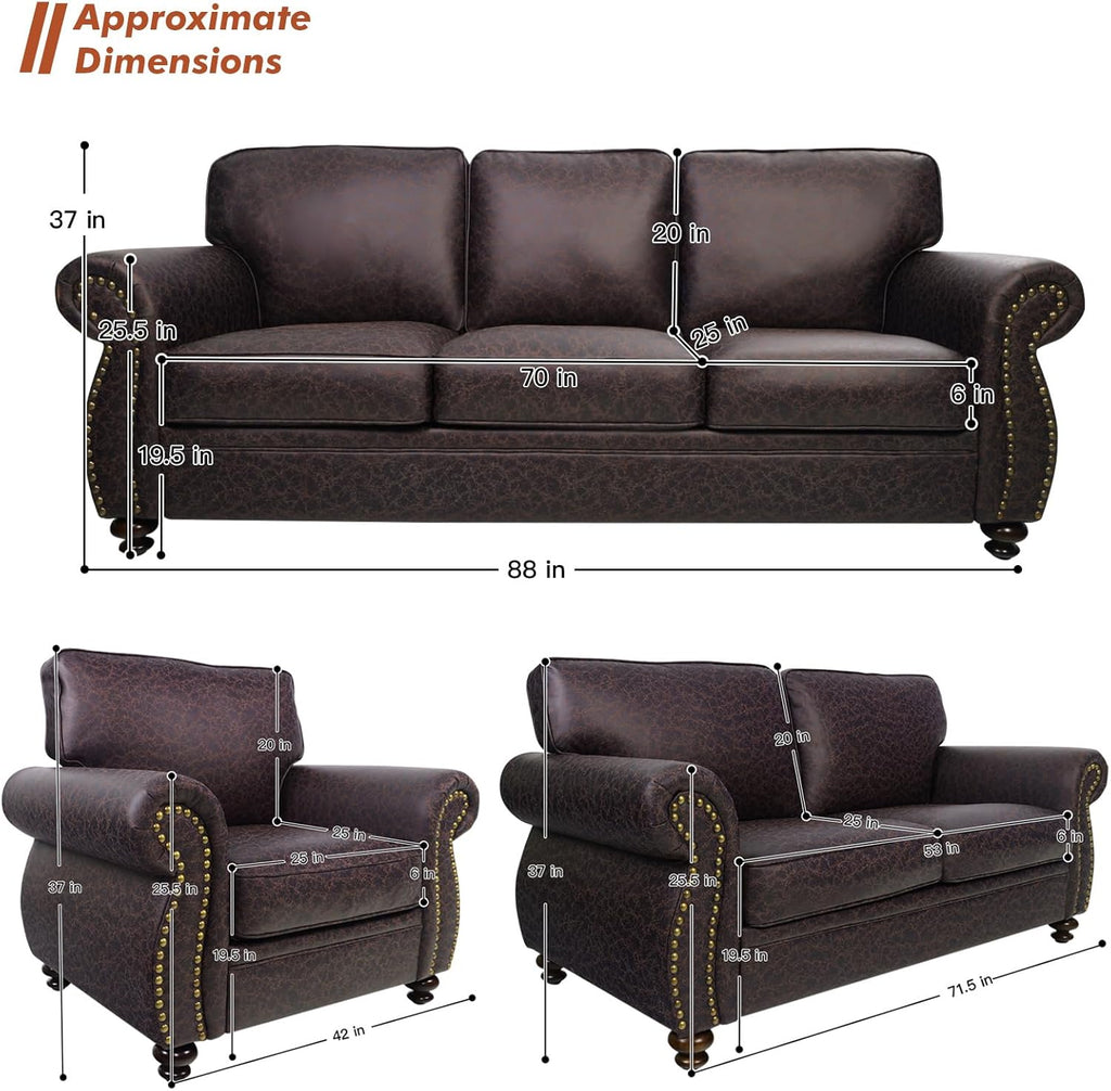 Rivet Couch,Living Room Sets,Mid-Century Couch, Solid Wooden Frame for Living Room,Vintage Couches (Brown, Loveseat+3 Seater)