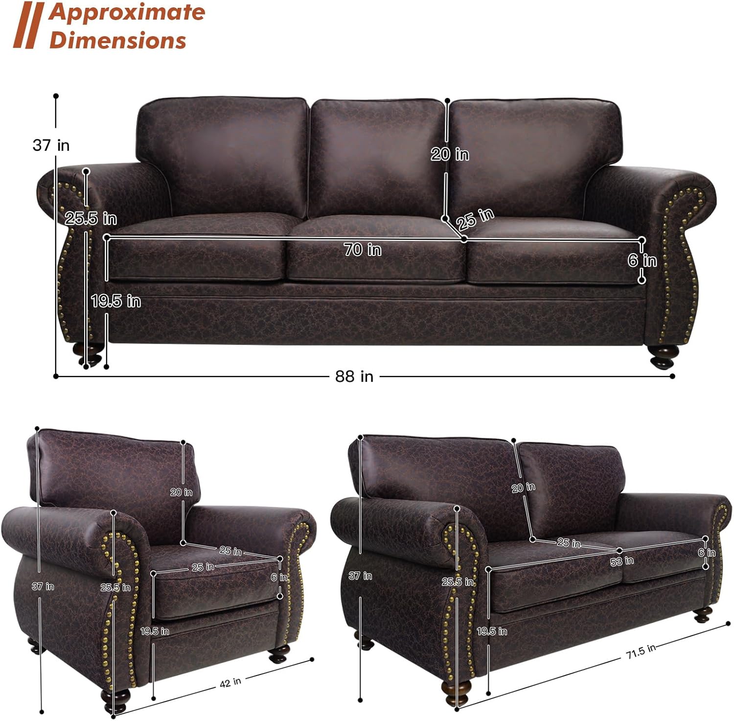 Rivet Couch,Living Room Sets,Mid-Century Couch, Solid Wooden Frame for Living Room,Vintage Couches (Brown, Loveseat+3 Seater)