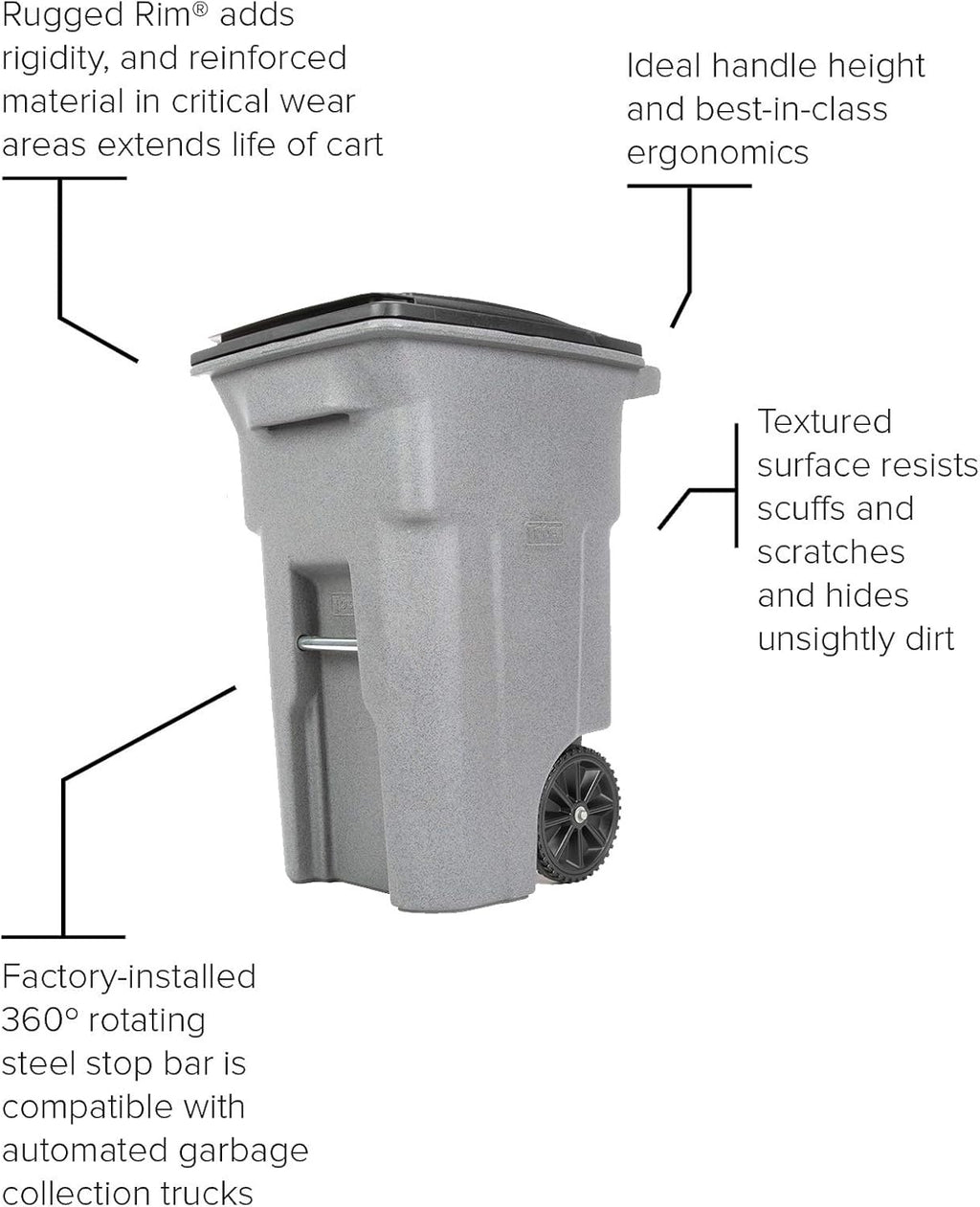 Toter 25564-R1209 Residential Heavy Duty Two Wheeled Trash Can, Blackstone, 64 Gallon