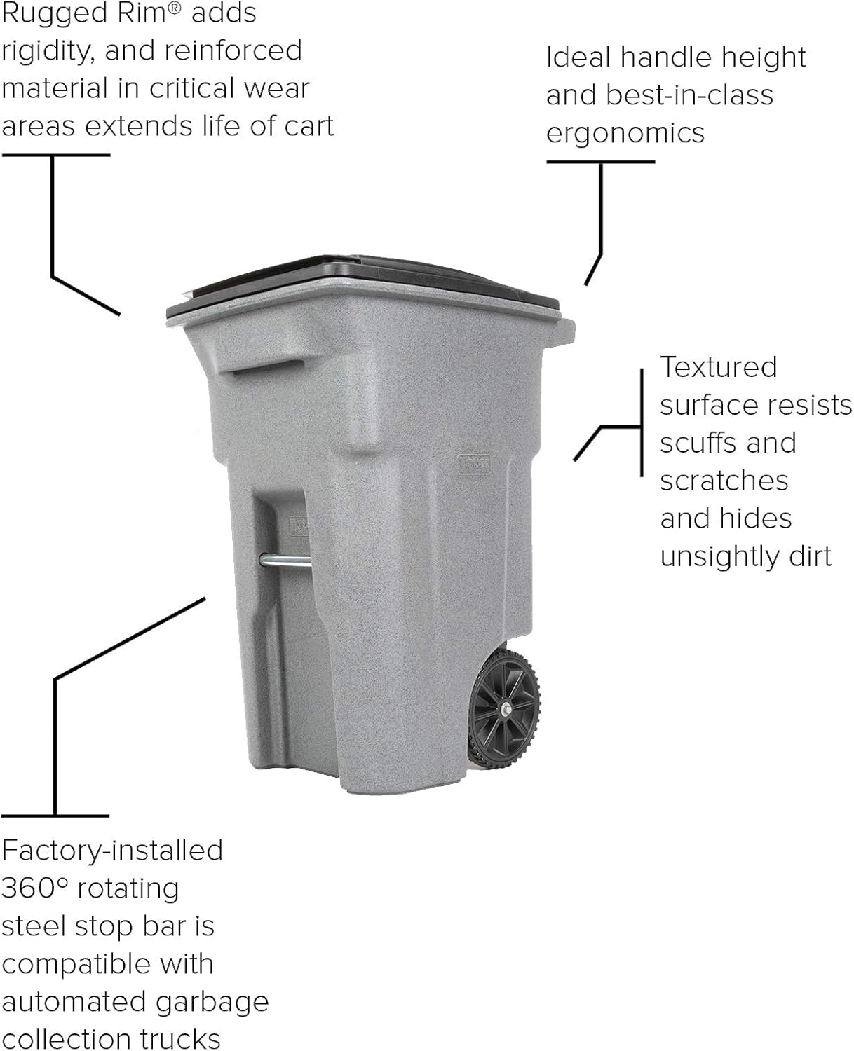 Toter 25564-R1209 Residential Heavy Duty Two Wheeled Trash Can, Blackstone, 64 Gallon