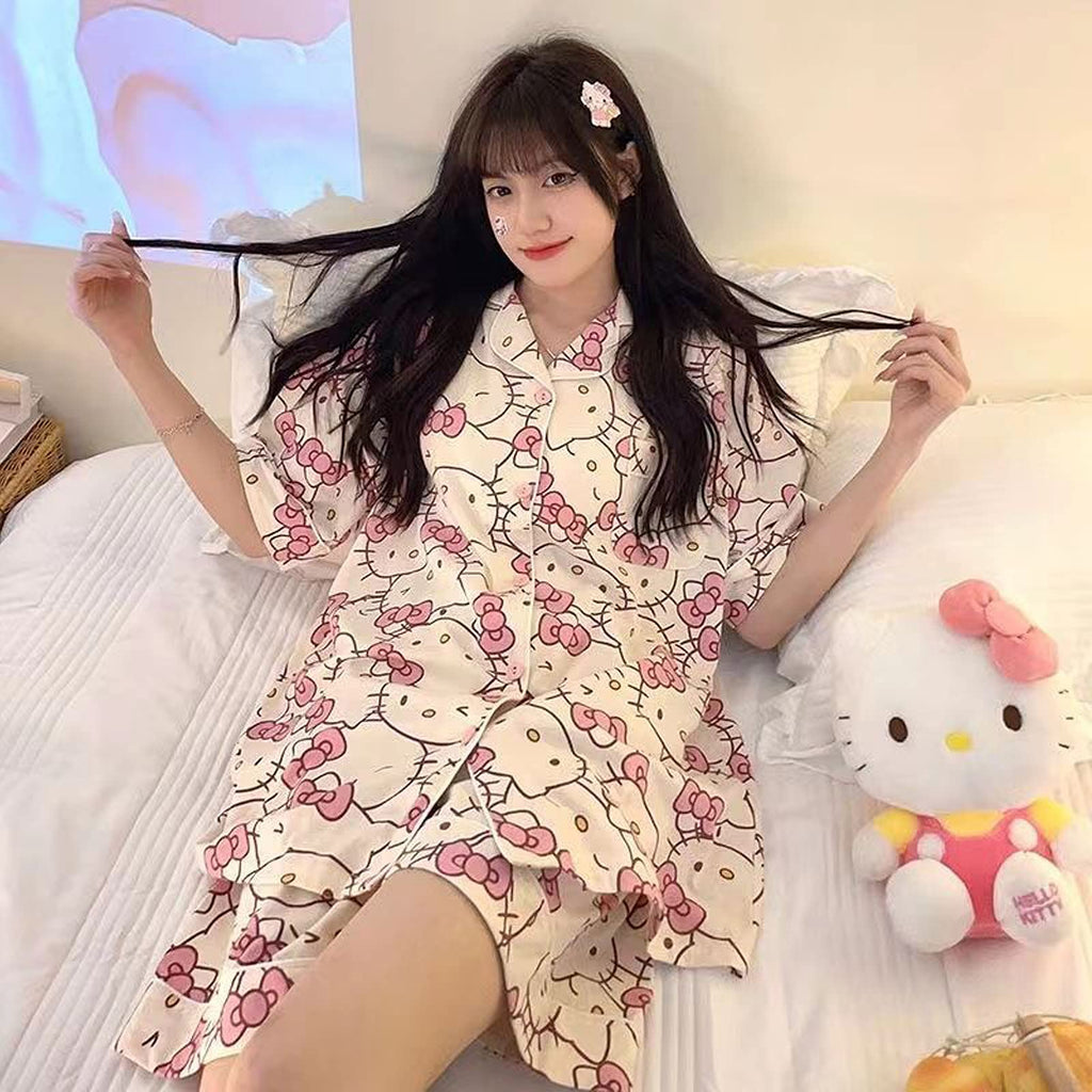 Ocroyea Kawaii Pajamas For Women Short Sleeve Cardigan Pjs Two-Piece Set Cute Cartoon Girls Pajama Leisure Short Sleeve Sleepwear Home Clothes