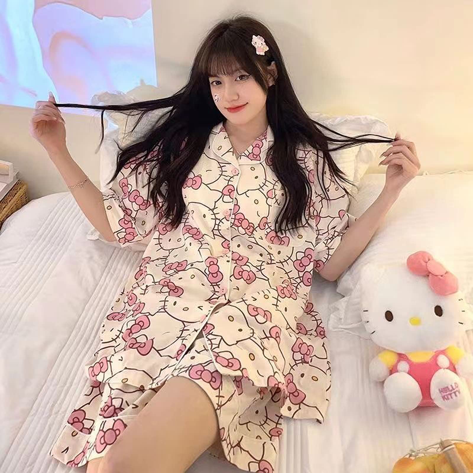Ocroyea Kawaii Pajamas For Women Short Sleeve Cardigan Pjs Two-Piece Set Cute Cartoon Girls Pajama Leisure Short Sleeve Sleepwear Home Clothes