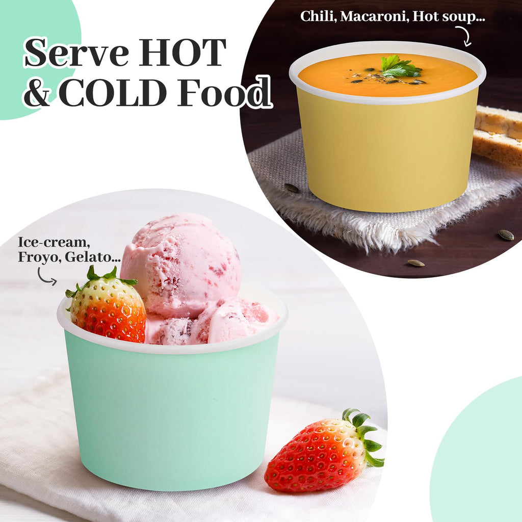 Aodaer Paper Ice Cream Cups Disposable Dessert Bowls 6 Colors Ice Cream Containers Hot and Cold Food Bowls Summer Party Treat Cups for Frozen Yogurt, Dessert, Sundae (300, 8 oz)
