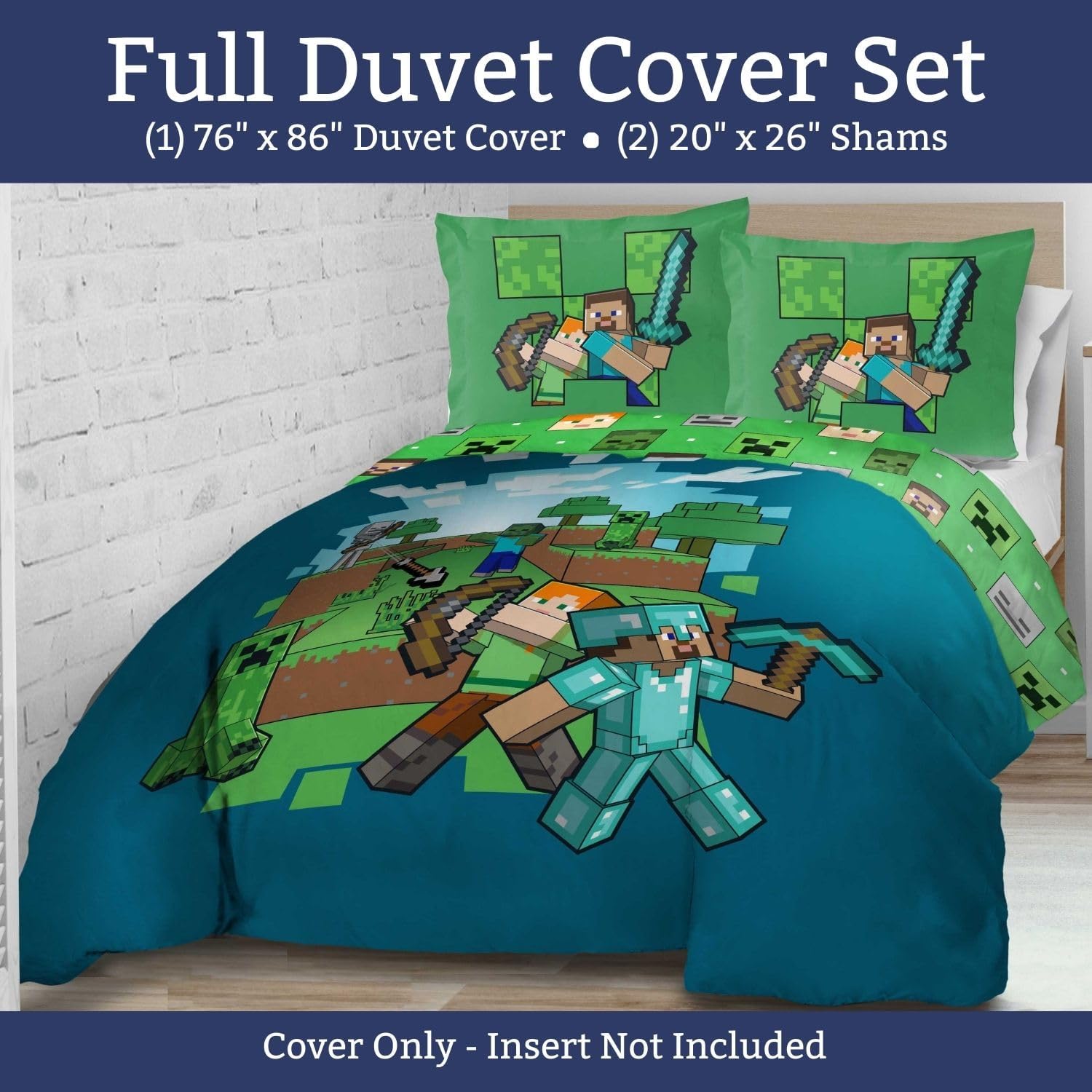Jay Franco Kids Duvet Cover Set – 3 Piece Super Soft Bedding with Sham Pillowcase, Cover ONLY Comforter Not Included, Blue - Minecraft, Full
