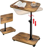 2-Tier TV Tray with Wheels, Adjustable Height & Angle, Wooden Side Table for Sofa – 360° Swivel C-Shaped End Table for Meals, Coffee, Snacks, Books & Tablets – Rustic Brown