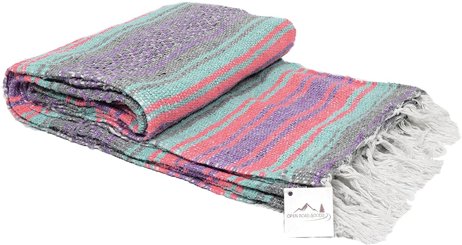 Open Road Goods Multi Color Mexican Falsa Blanket - Handwoven in Mexico - Great for The Beach, Picnics, Yoga, or a Throw! (Grey Pastel)