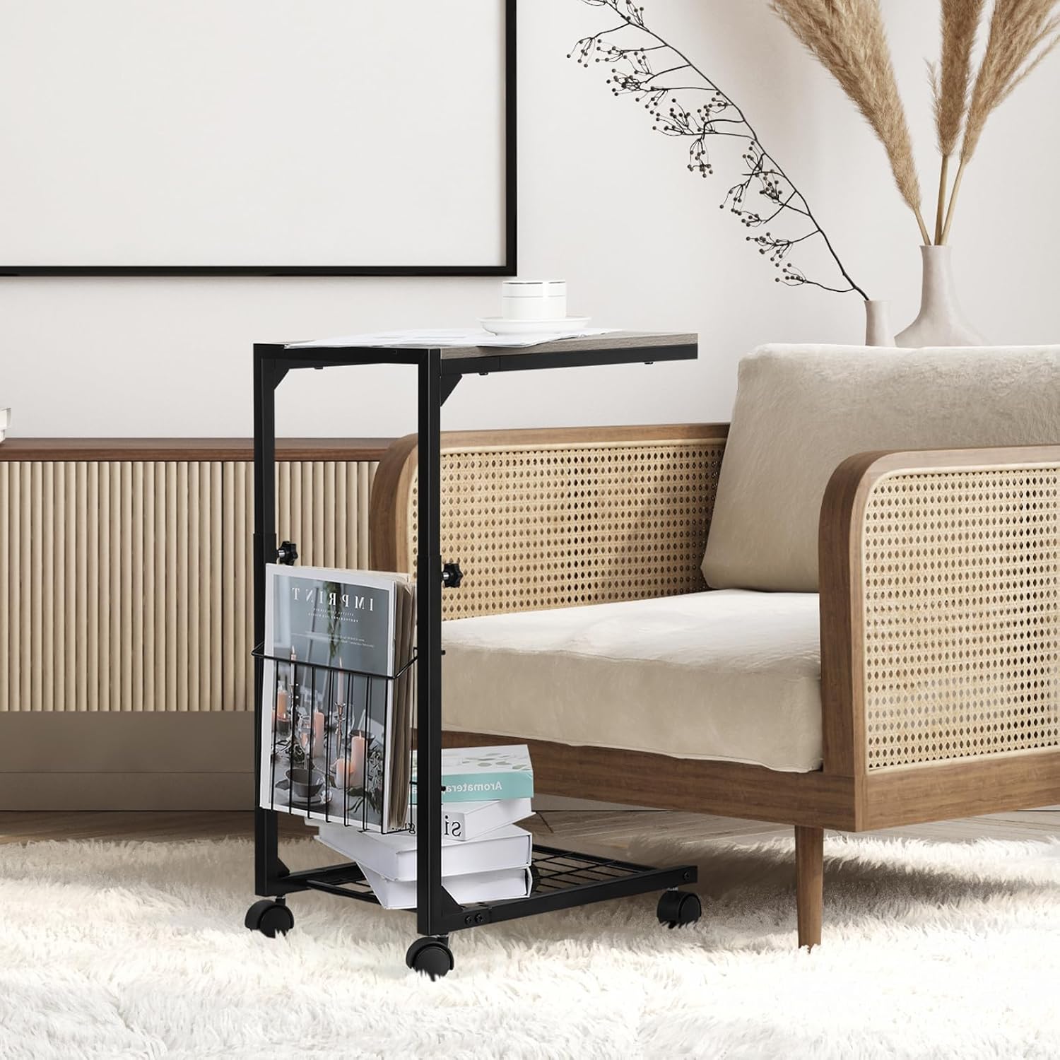 BTY C Shaped Side Table Adjustable Height End Table for Small Spaces C Table with Wheels Couch Table with Storage Laptop Side Table for Sofa Living Room Bedroom (Grey)