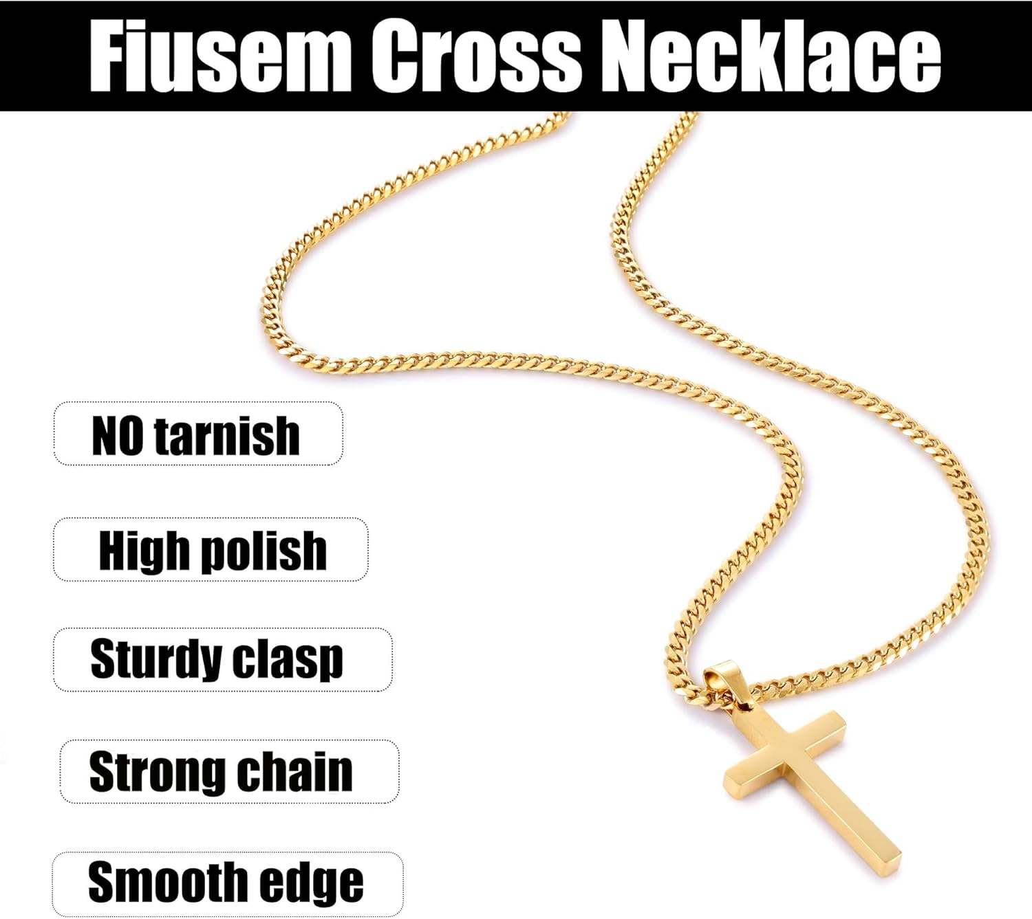 Fiusem Cross Necklace for Men and Women, Gold Plated Mens Cross Necklaces with 3.5mm Cuban Chain, Stainless Steel Pendant Chain 16-24 Inches