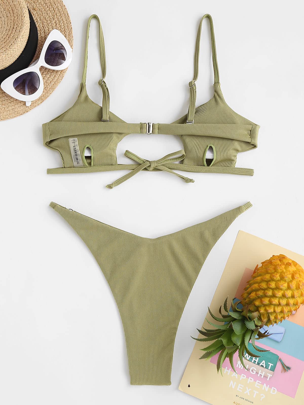 Maillot de bain deux pièces pour femme ZAFUL, bikini string sexy à découpes, dos noué, maillot de bain (1-vert clair, M)