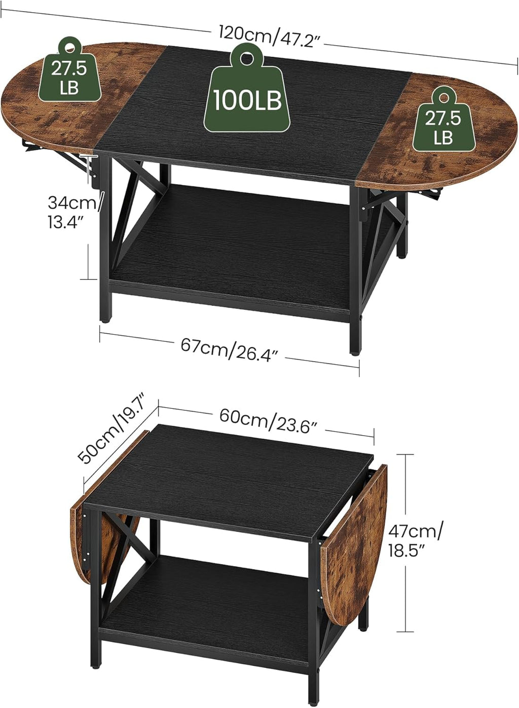 47.2" Folding Coffee Table, 2-Tier Extendable Coffee Table, Vintage Center Table with 2 Drop Leaves, with Storage Shelf, for Living Room, Bedroom, Balcony, Rustic Brown and Black TKF02BF
