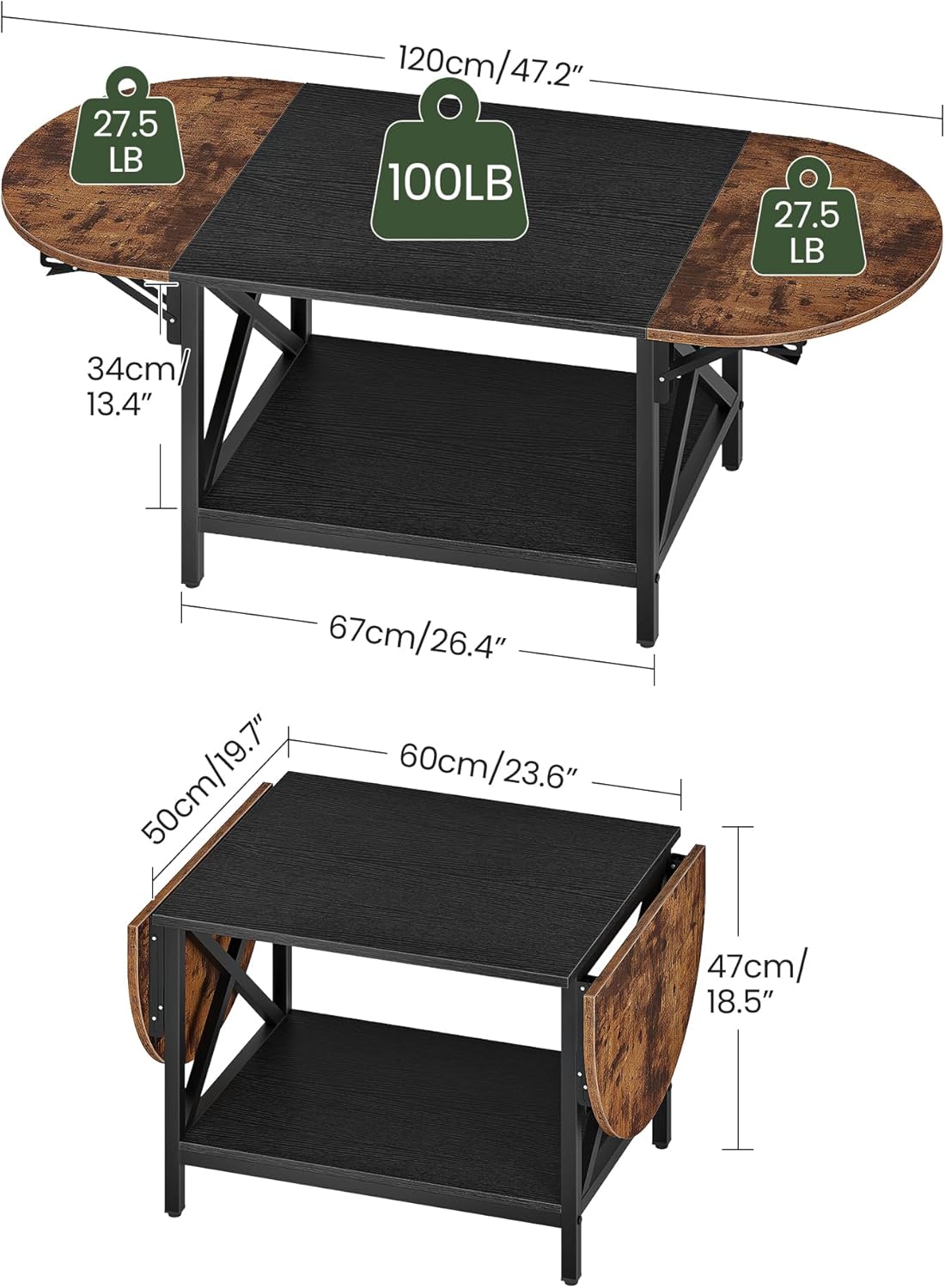 47.2" Folding Coffee Table, 2-Tier Extendable Coffee Table, Vintage Center Table with 2 Drop Leaves, with Storage Shelf, for Living Room, Bedroom, Balcony, Rustic Brown and Black TKF02BF