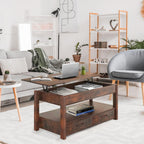 Lift Top Coffee Table with Hidden Compartment & 2 Storage Shelves - Living Room Dining Table with Rising Tabletop Lifttop Desk for Apartment, Home, Condo - Rustic Brown