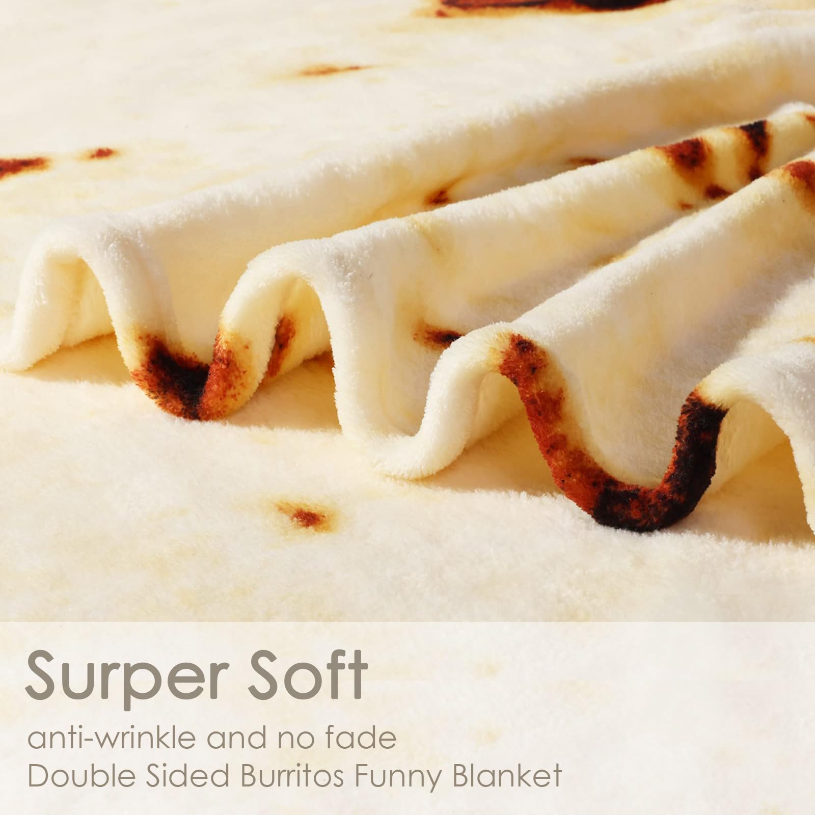 Bnuitland Burritos Tortilla Throw Blanket, 300GSM Double Sided Giant Funny Gift with Pouch, Realistic Super Soft Novelty Taco Swaddle Food Blanket for Baby/Kids and Pets Wrap