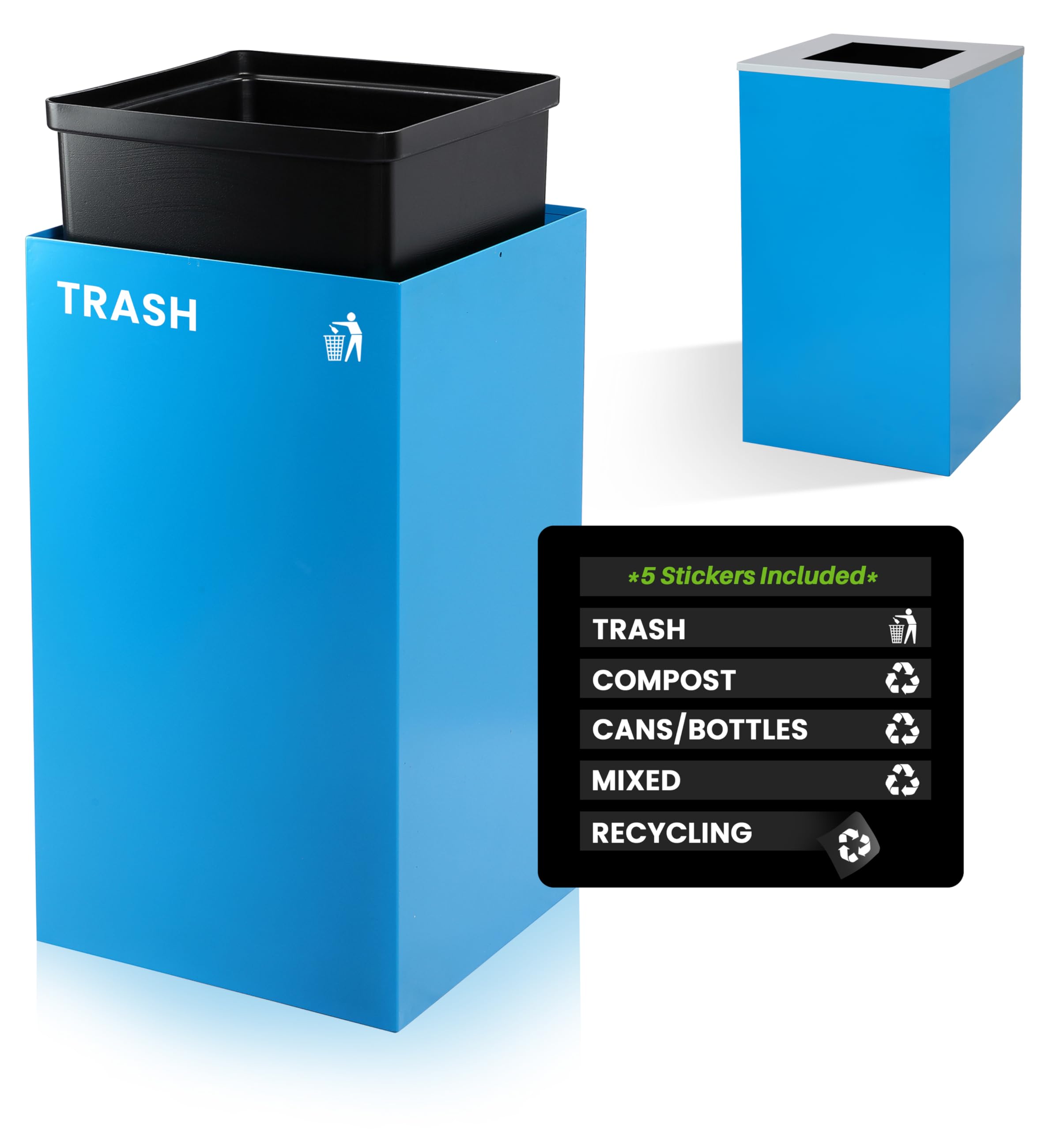 Alpine Commercial Indoor Recycle Bin - 29 Gallon Modern Looking Black Recycle Bin, Office Recycling Bins, Metal Trash and Recycling Container with Stickers & 3 Optional Lids (lid Sold Separately)