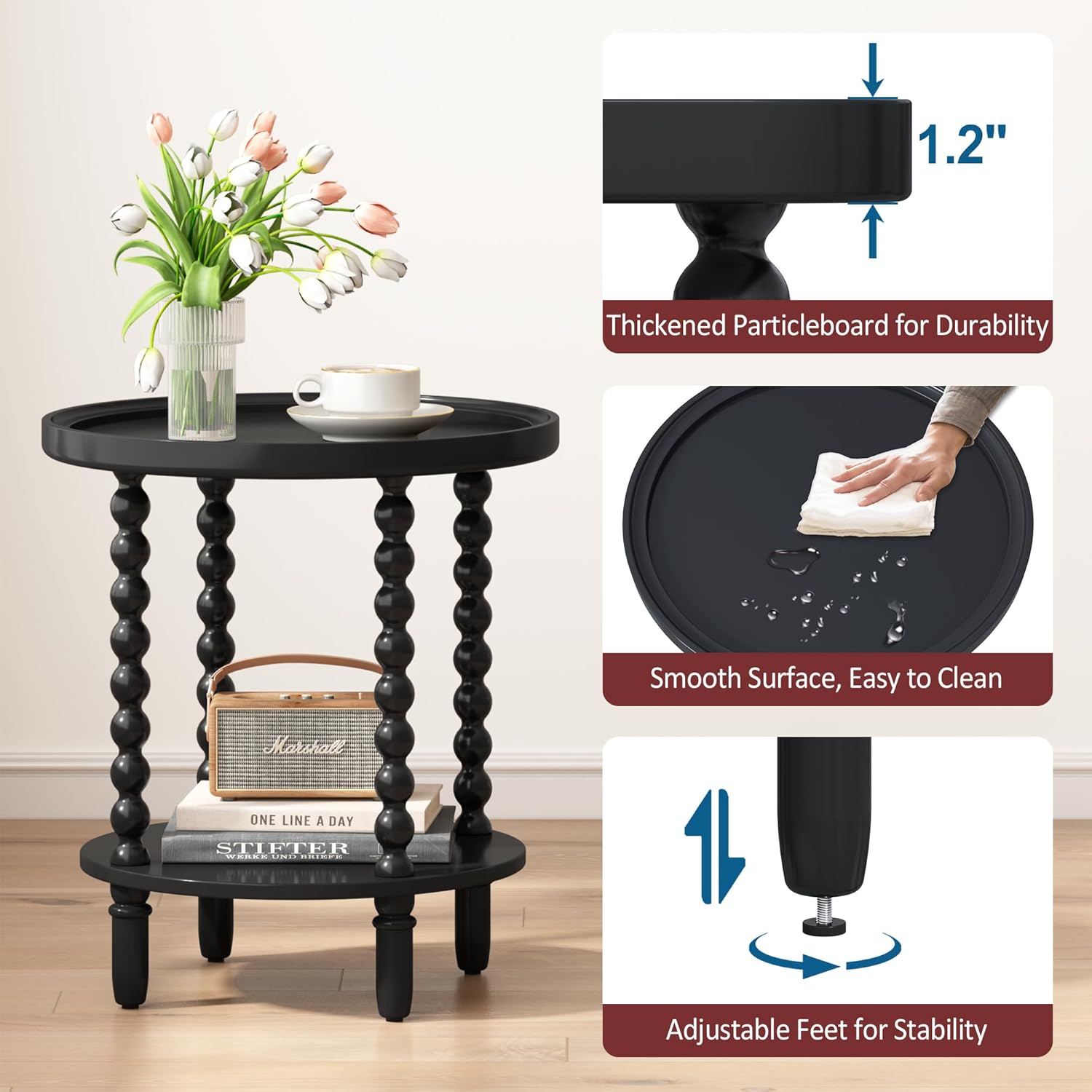 Gadroad Round End Table with Storage Shelf, 2 Tier Couch Side Table, Wood Coffee Table for Living Room, Bedroom, Black 19.3 * 19.3 * 25.6 inches