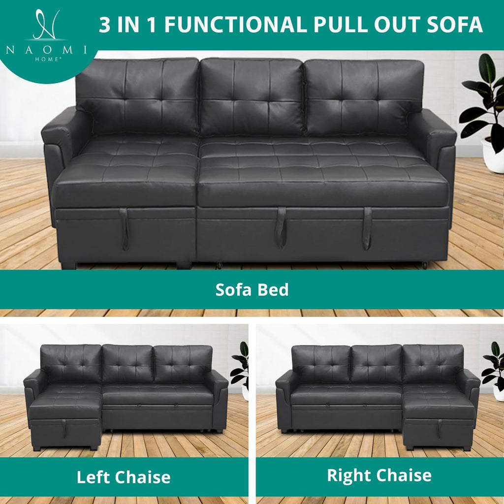 Naomi Home Transform Any Space: Sleeper Sectional Sofa with Convertible Sofa Bed & Inviting Chaise. Find Tranquil Comfort with Stress-Relieving Design & Durable Cushions - Black/Air Leather
