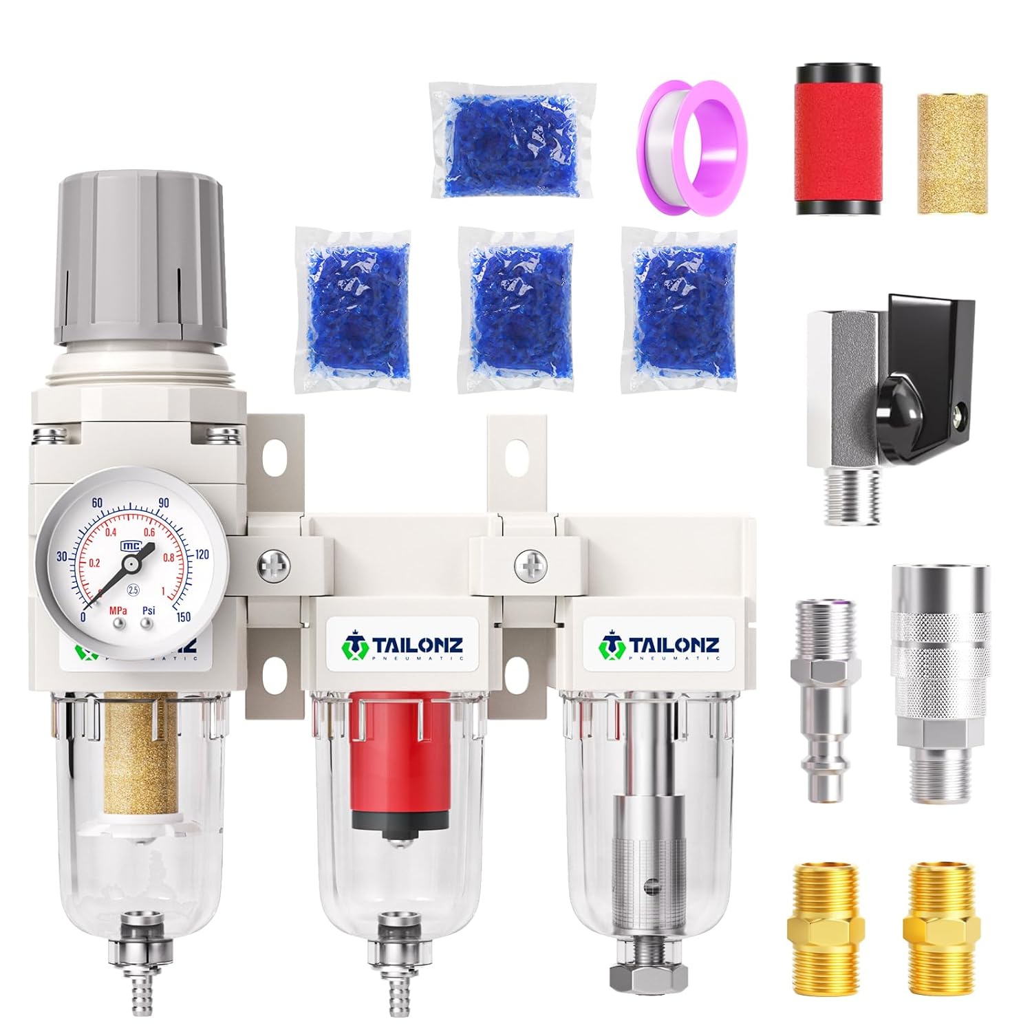 TAILONZ PNEUMATIC 0-150PSI 1/4 Inch NPT Grade 3 Stage Air Drying System, Particulate Filter, 5/0.01 Micron Filter Air Filter Pressure Regulator (Manual Drainage）