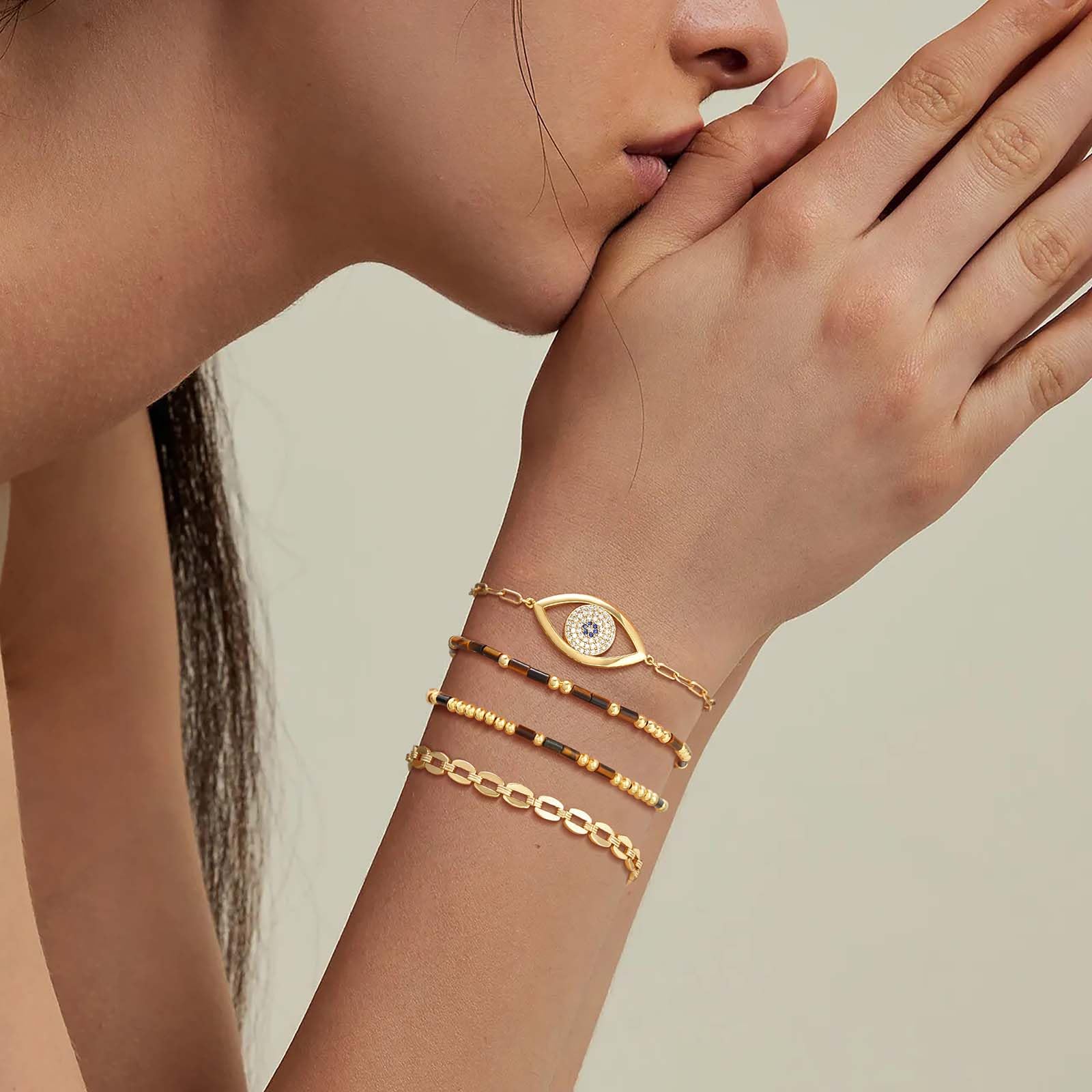 Bracelet Morse Code Or MEVECCO pour Femmes Bracelet Mixte en Pierre Œil de Tigre Plaqué Or 18K Bracelet Chaîne Morse Code Personnalisé Fait Main Empilable Bijoux Cadeaux