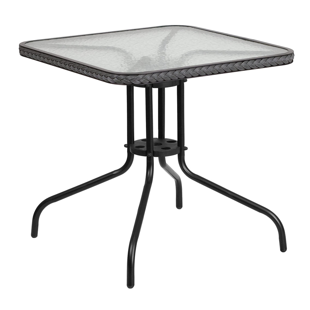 Flash Furniture Barker 28'' Square Tempered Glass Metal Table with Dark Brown Rattan Edging