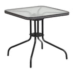 Flash Furniture Barker 28'' Square Tempered Glass Metal Table with Dark Brown Rattan Edging