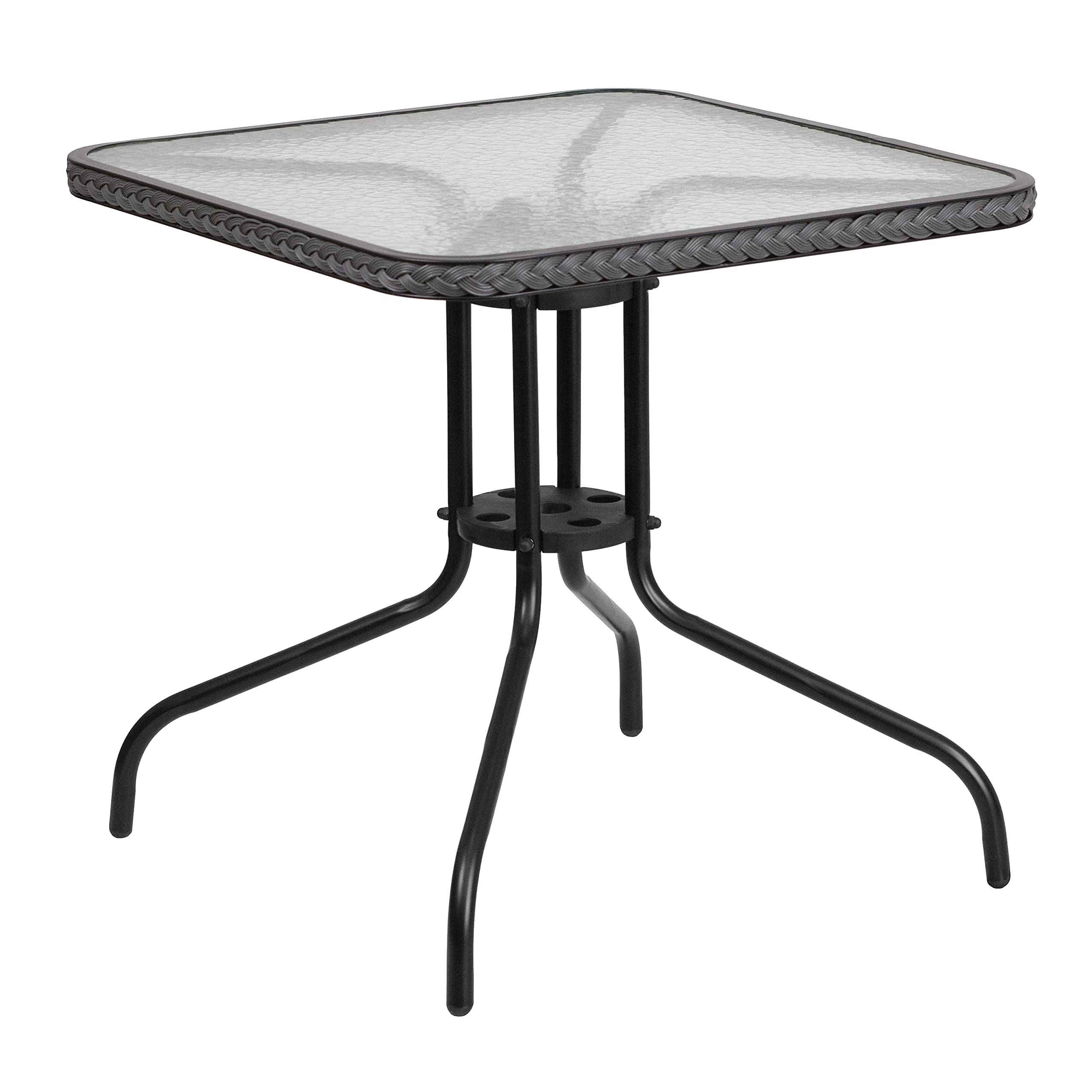Flash Furniture Barker 28'' Square Tempered Glass Metal Table with Dark Brown Rattan Edging