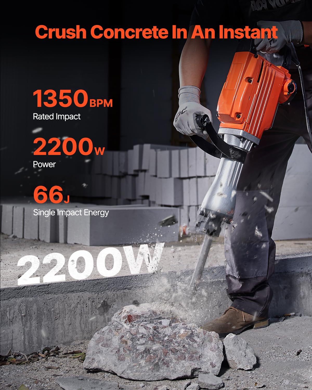 VEVOR Demolition Jack Hammer, MAX 2200W Electric Jackhammer Heavy Duty, 1350 BPM Concrete Breaker 4pcs Chisels Bit Chipping W/Case, Gloves