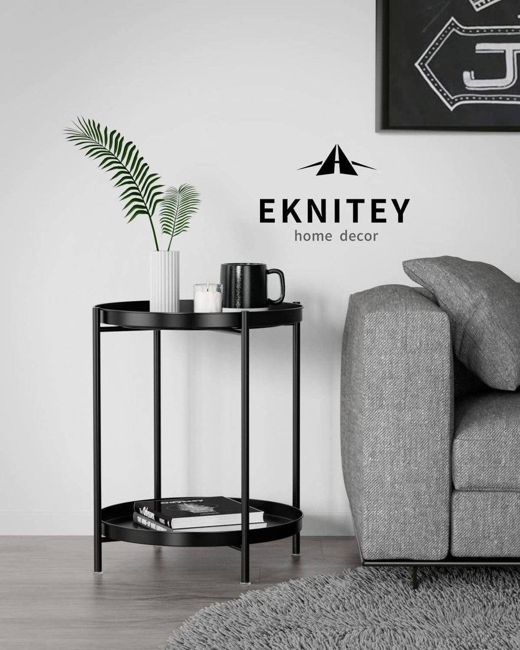 EKNITEY 2 Tier End Table - Metal Side Table Waterproof Small Sofa Coffee Side Tables Bedroom Indoor Outdoor with Removable Tray for Living Room Bedroom Balcony and Office (Black)