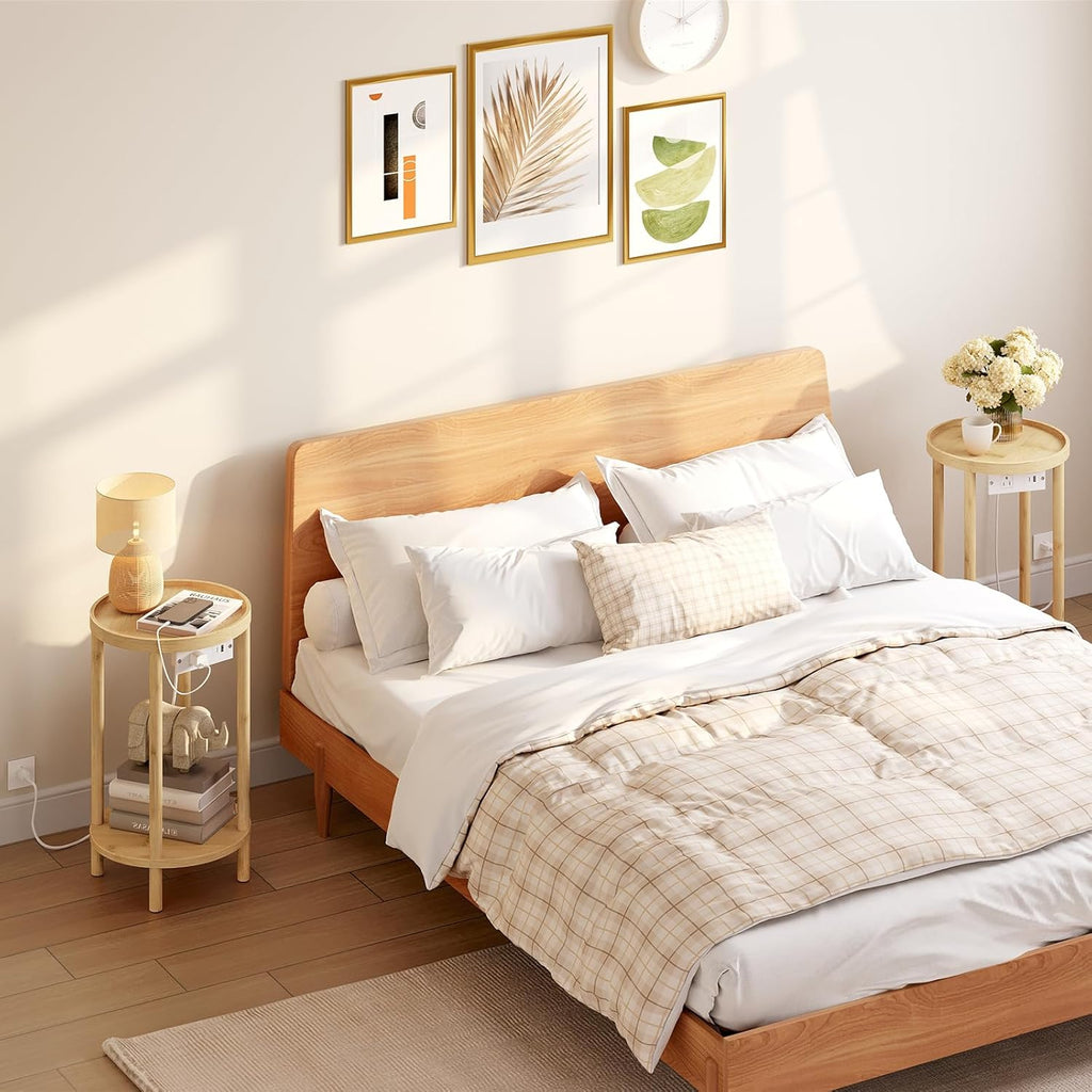 HOOBRO Small Round Side Table with Charging Station, 2-Tier Round Bamboo End Table, Compact Sofa Bedside Table for Small Space, Easy Assembly, for Living Room, Bedroom, Apartment, Natural YL156UBZ01