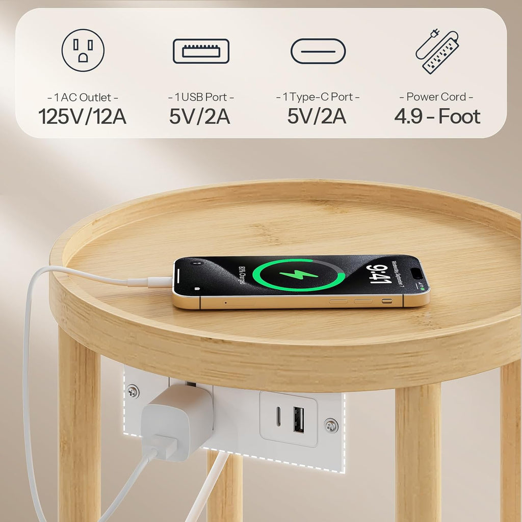 HOOBRO Small Round Side Table with Charging Station, 2-Tier Round Bamboo End Table, Compact Sofa Bedside Table for Small Space, Easy Assembly, for Living Room, Bedroom, Apartment, Natural YL156UBZ01