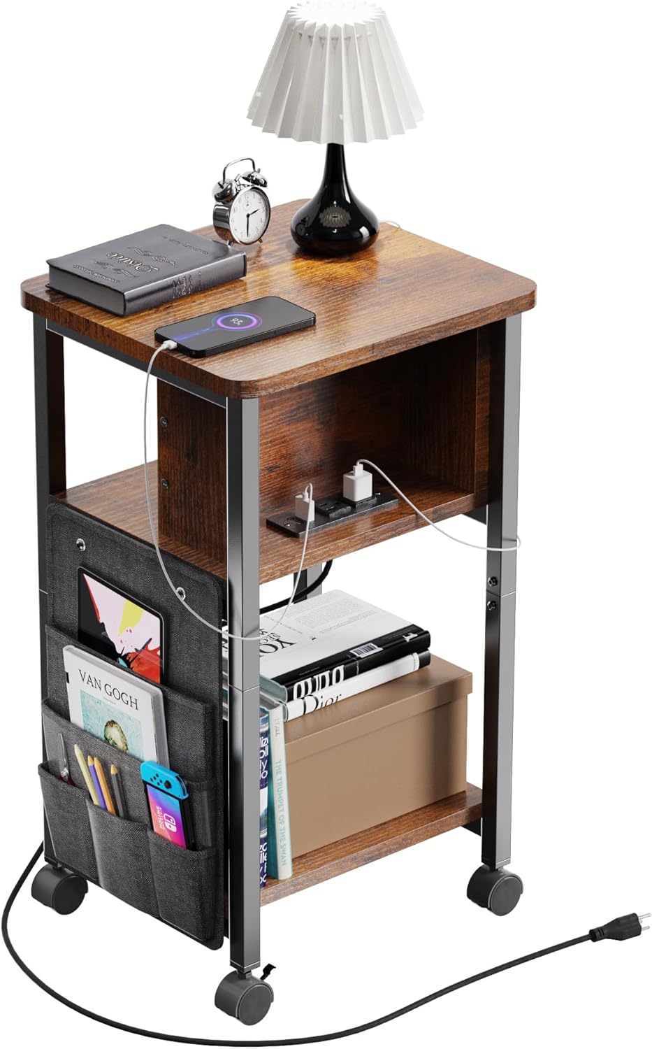 Merapi Small End Table with Charger, Side Table on Wheels, Mobile Nightstand with USB Ports, Rustic Wood Sofa Side Table with Storage for Small Spaces, Living Room, Bedroom, Home Office