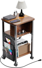 Merapi Small End Table with Charger, Side Table on Wheels, Mobile Nightstand with USB Ports, Rustic Wood Sofa Side Table with Storage for Small Spaces, Living Room, Bedroom, Home Office