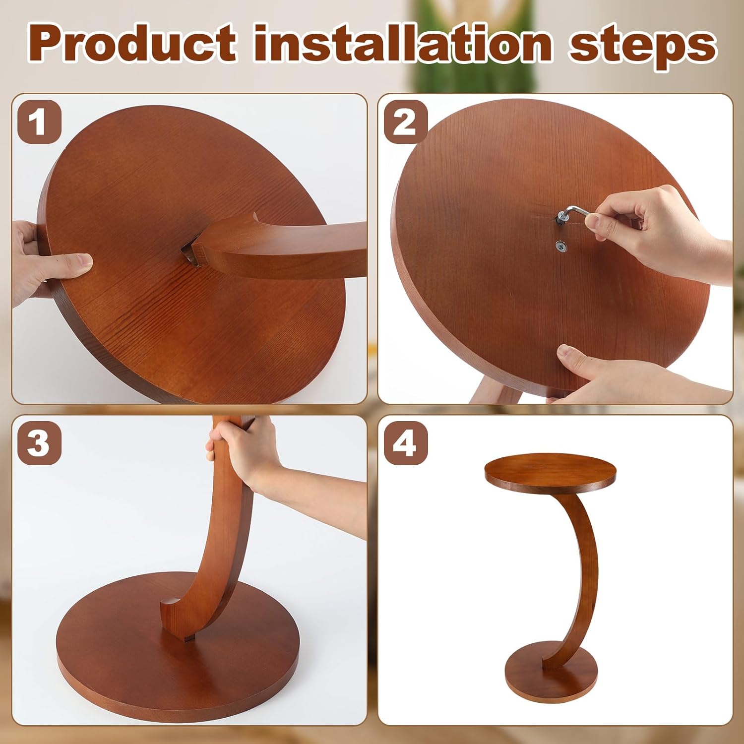 Leinuosen C Shaped Round End Table Solid Wood Handmade Side Table for Couch, Sofa, Living Room, Coffee and Eating Snack Tray (C Shaped Round,13.39 x13.39 x 23.43 Inch)