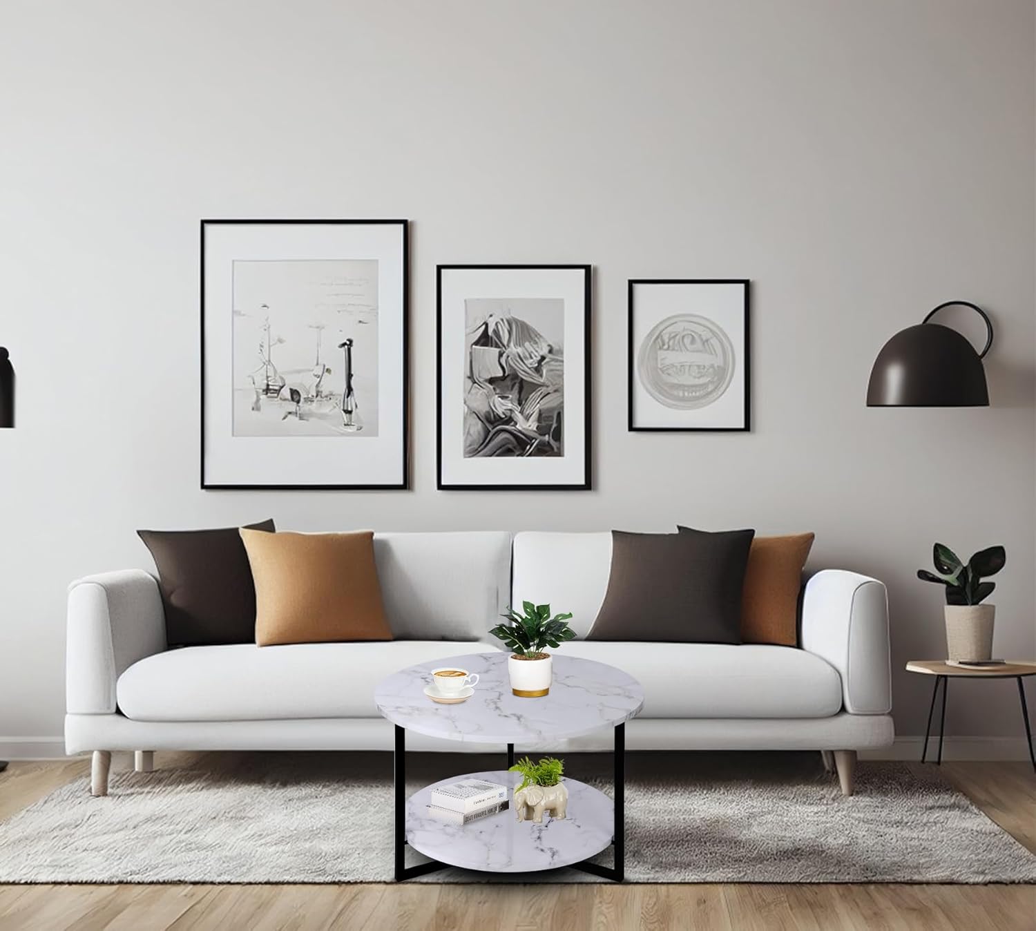 Modern Coffee Table,Faux Marble Tables,Small Round Coffee Tables with Shelf, Marble Coffee Table,Circle Center Table Low Coffee & Tea Table for Living Room Modern