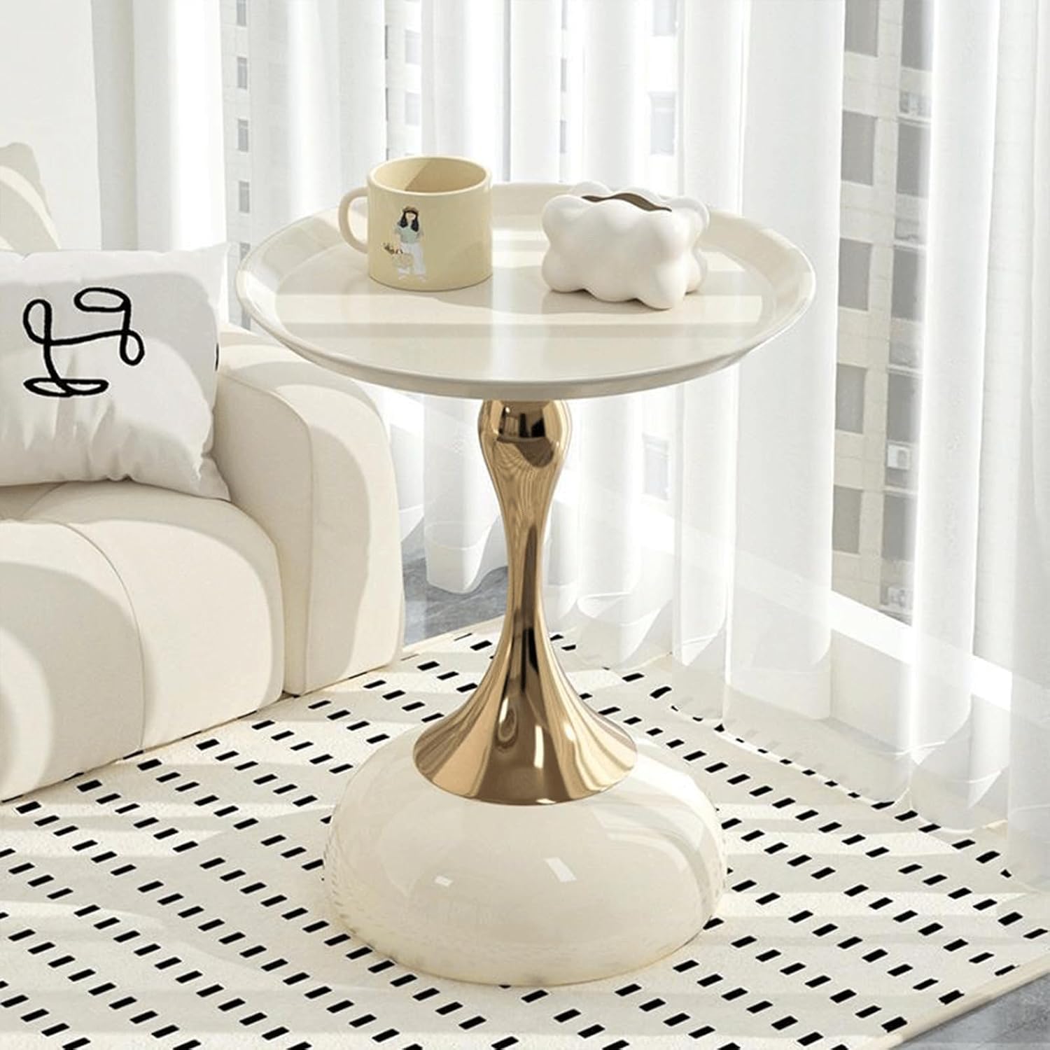 Modern Round Side Table with Gold Pedestal Base, Black Metal Top, Accent End Table for Living Room (White)