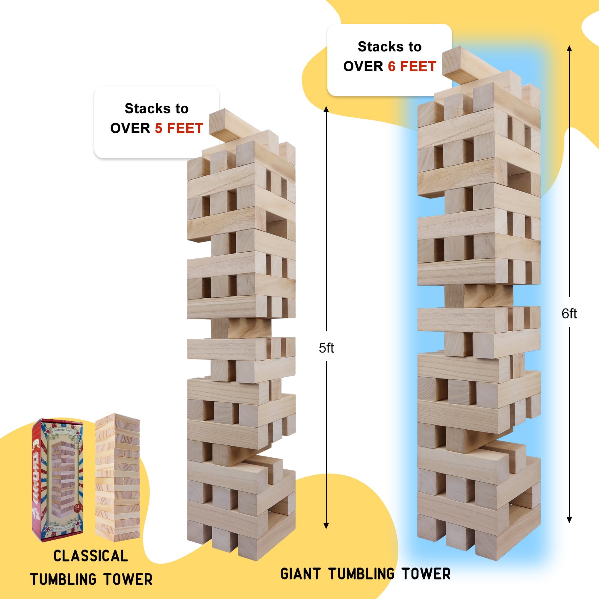GOTHINK Giant Tumbling Tower Game, Super Large 51pcs Wooden Blocks Stacking Game, Stack to Over 6 Feet, Carry Bag, Jumbo Outdoor Indoor Game Toy Gift for Kids and Adults
