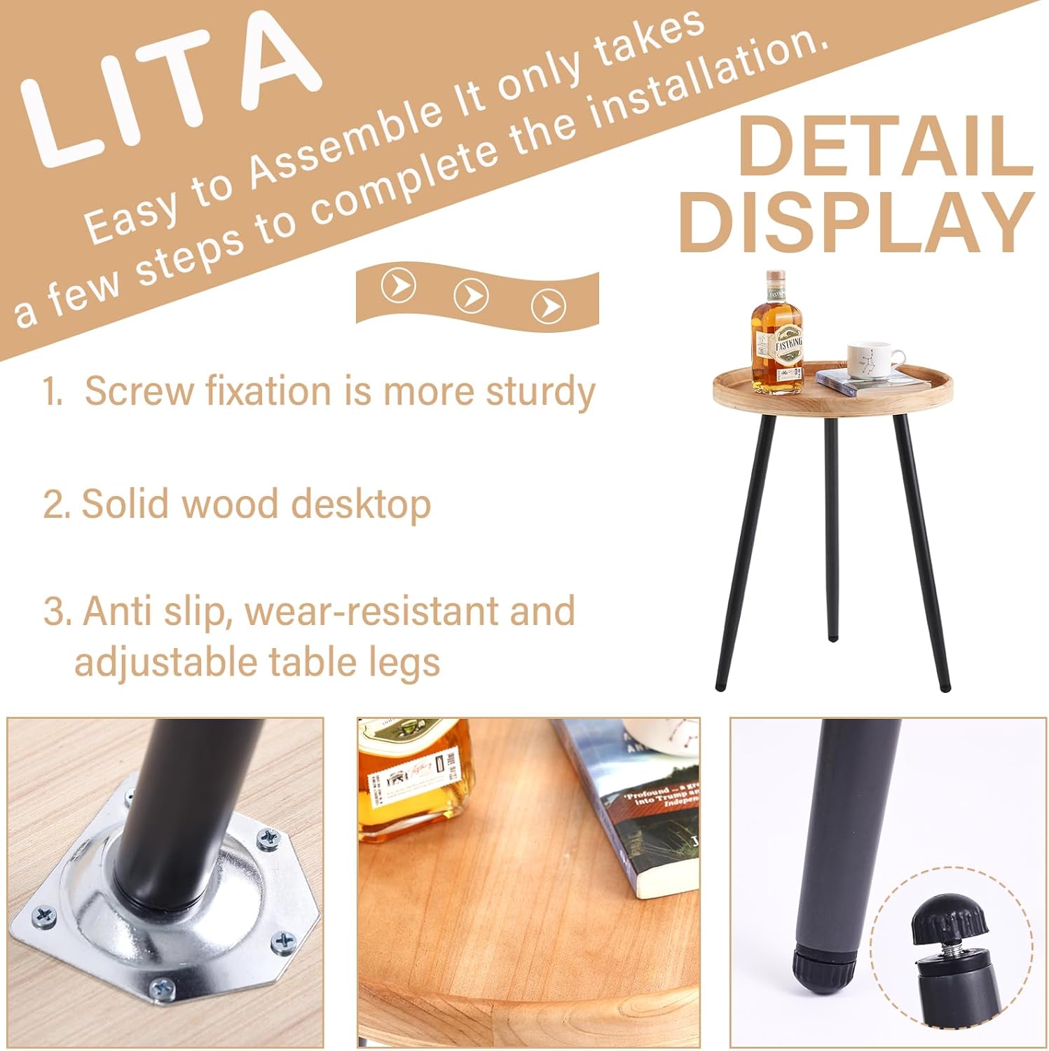 LITA Log Desktop Round Side End Table, Indoor Outdoor Wooden Tray Nightstand Table with Metal Stand for Living Room Bedroom Office Small Spaces (M)