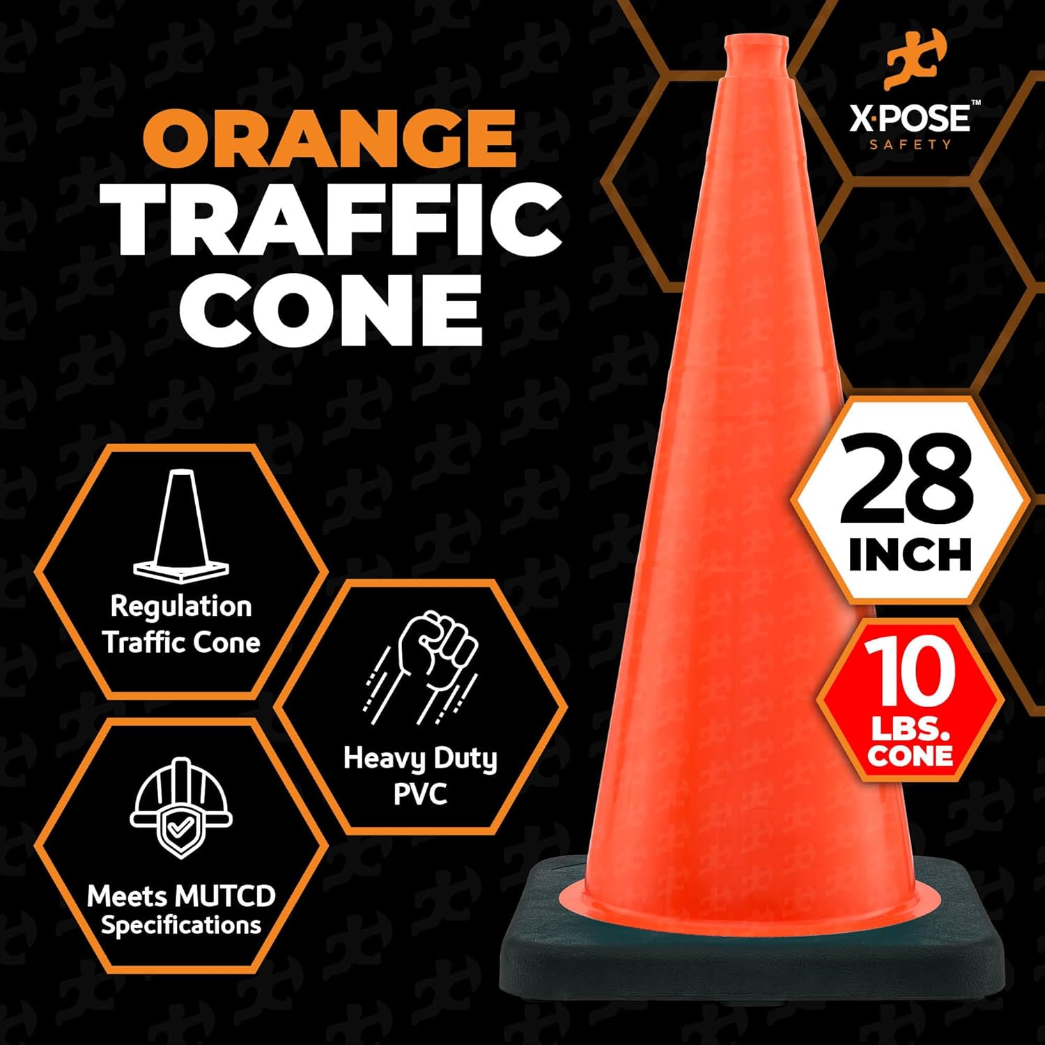Xpose Safety 28 Inch Orange Traffic Cones Heavy Duty 10lb, 24-Pack - Multipurpose PVC Plastic Safety Cone for Parking, Soccer, Caution, Kids and Construction - DOT Approved