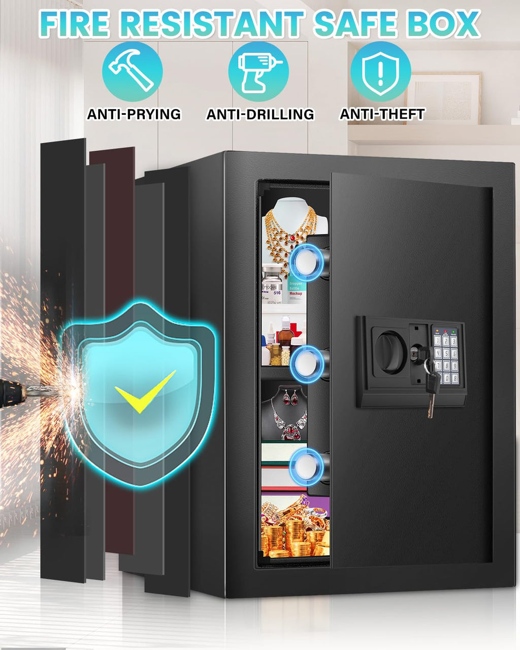 2.5 Cuft brandsikker boks, pengeskab til hjemmet med brandsikker vandtæt taske, tyverisikring digital sikkerhedsboks med smart alarmsystem, aftagelig hylde, mute-funktion, personlig pengeskab til pengesmykker