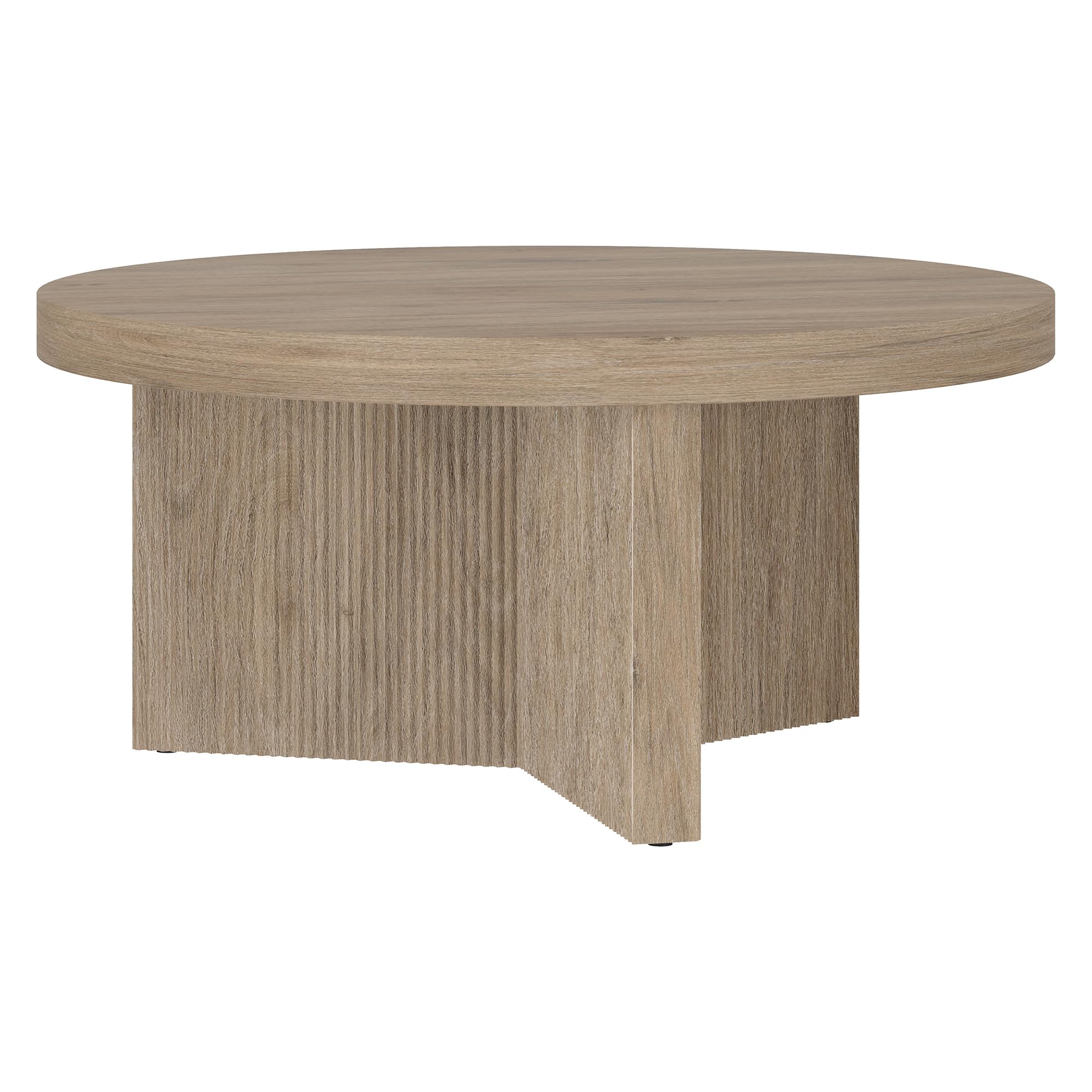 Henn&Hart 36" Fluted Round Wood Pedestal Low-Profile Coffee Table for Living Room, Family Room, or Office, Alder Brown